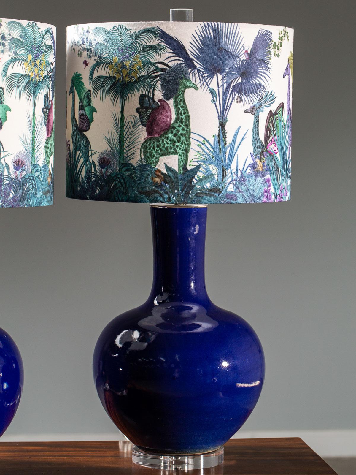 Contemporary Pair of Large Cobalt Blue Vase Handmade Custom Lamps Shades Lucite Base