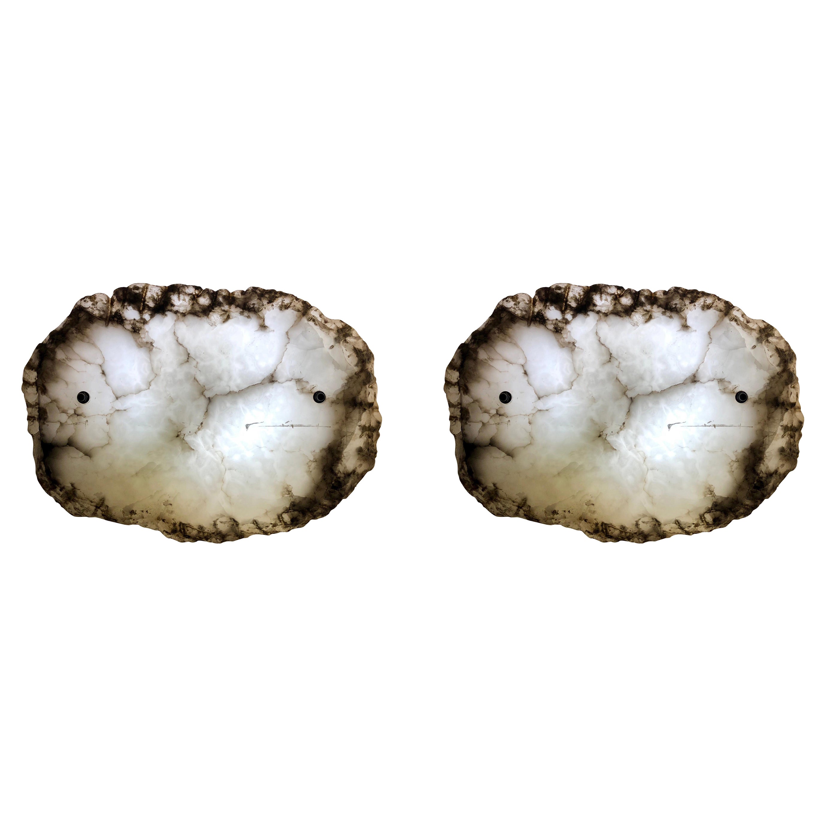 Pair Large Custom Italian Modern Craftsman Alabaster Wall Sconces / Flush Mount