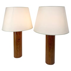 Retro Pair large cylindric wood Table Lamps by Uno & Östen Kristiansson, Luxus, Sweden