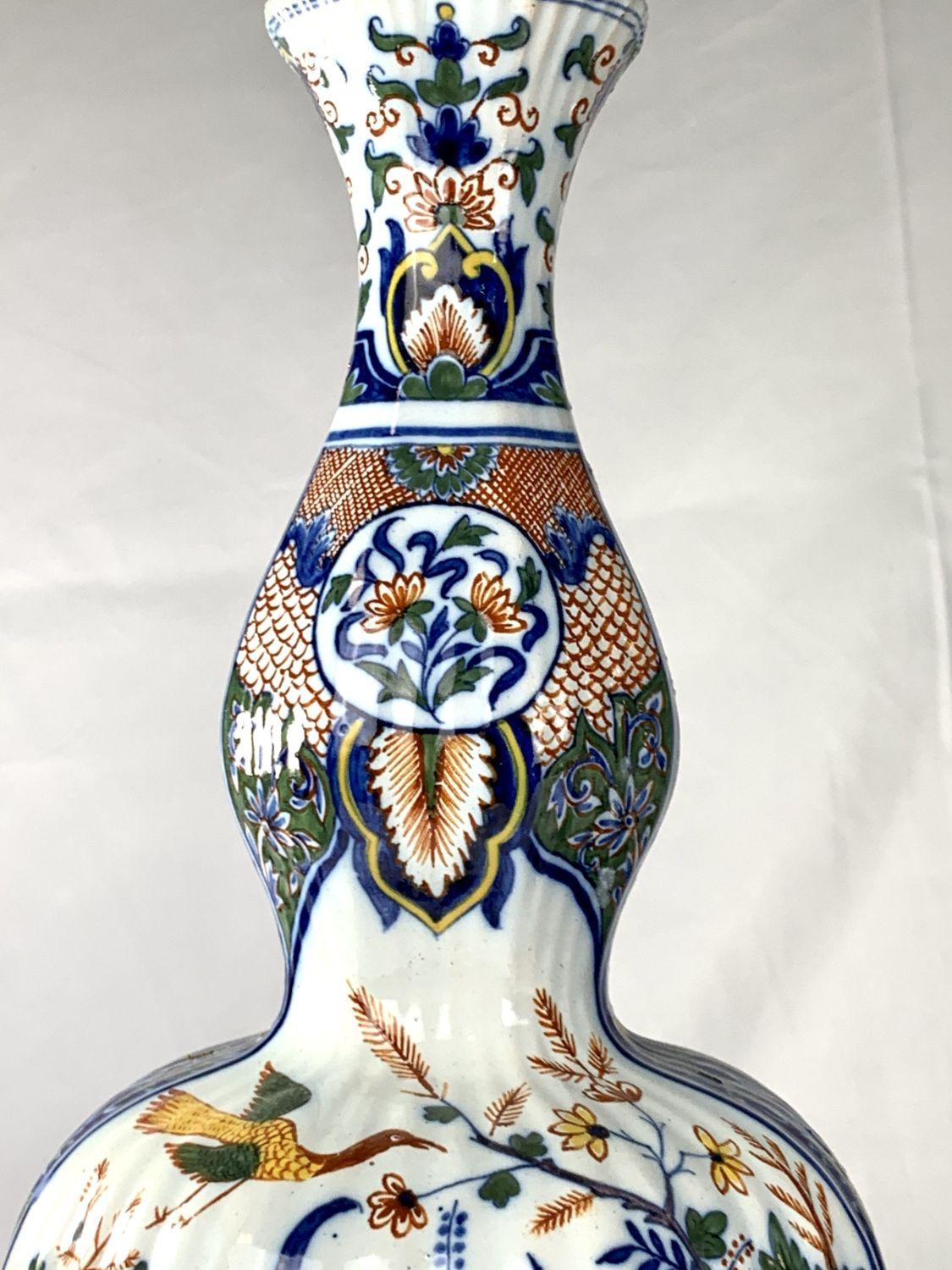 Pair Large Delft Mantle Vases Painted in Polychrome Colors For Sale 6