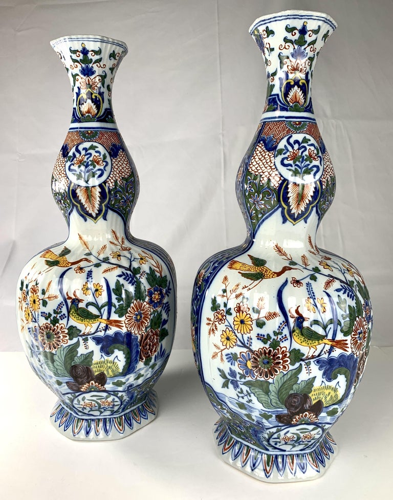 Pair Large Delft Mantle Vases Painted in Polychrome Colors For Sale at
