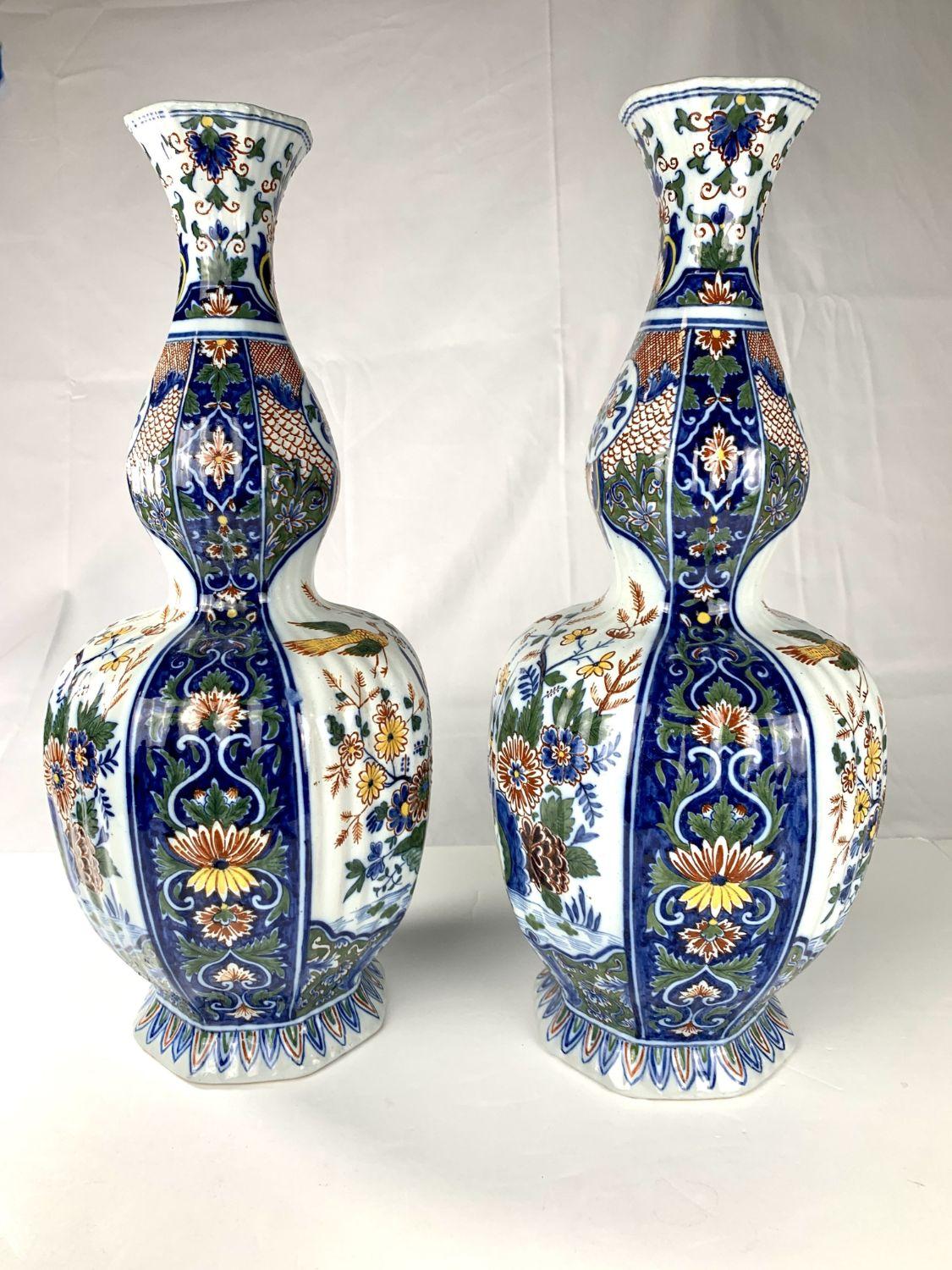 Pair Large Delft Mantle Vases Painted in Polychrome Colors For Sale 1