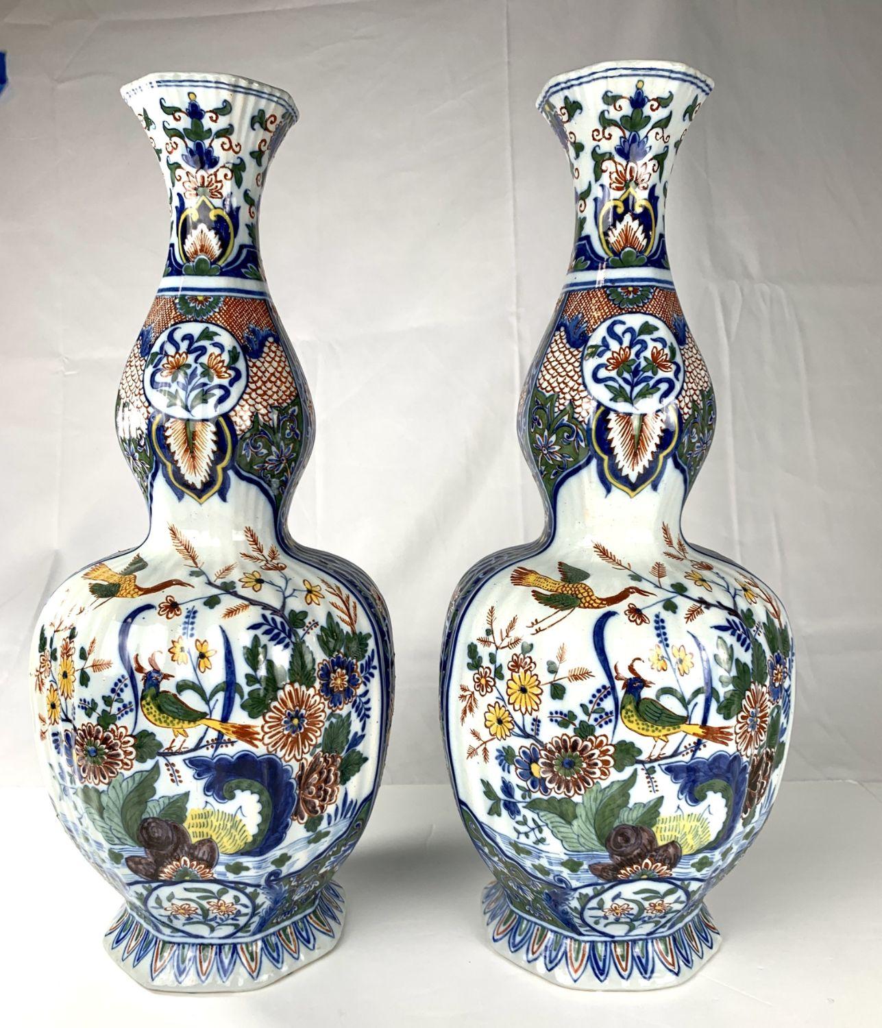 Pair Large Delft Mantle Vases Painted in Polychrome Colors For Sale 3