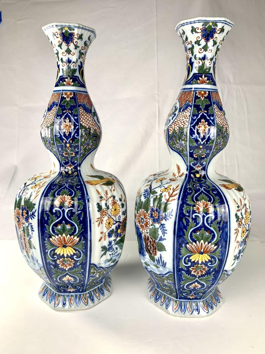 Pair Large Delft Mantle Vases Painted in Polychrome Colors For Sale 4