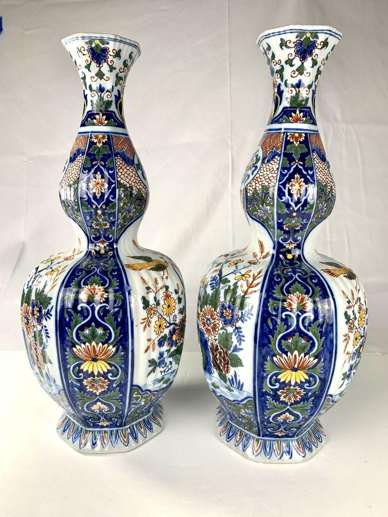 Pair Large Delft Mantle Vases Painted in Polychrome Colors For Sale at