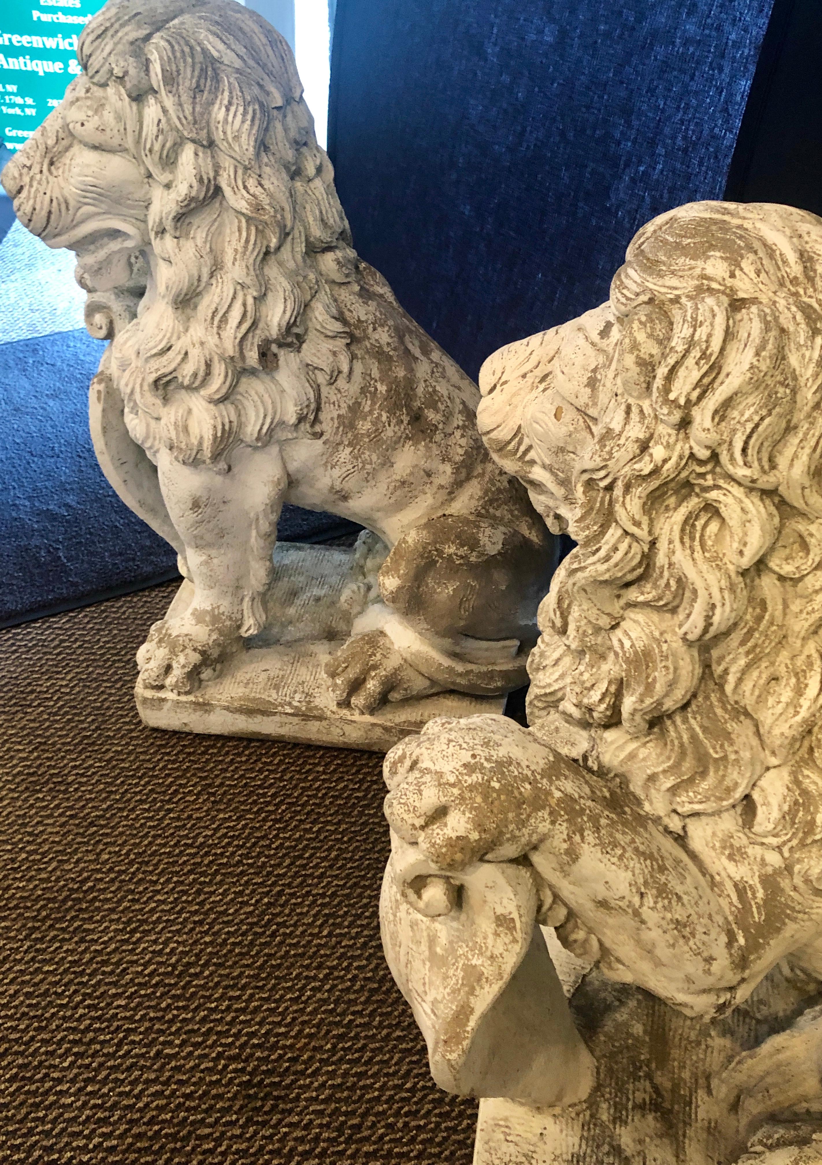 Large Cast Stone Shielded Entrance Lions Opposing Direction Signed, Pair 4