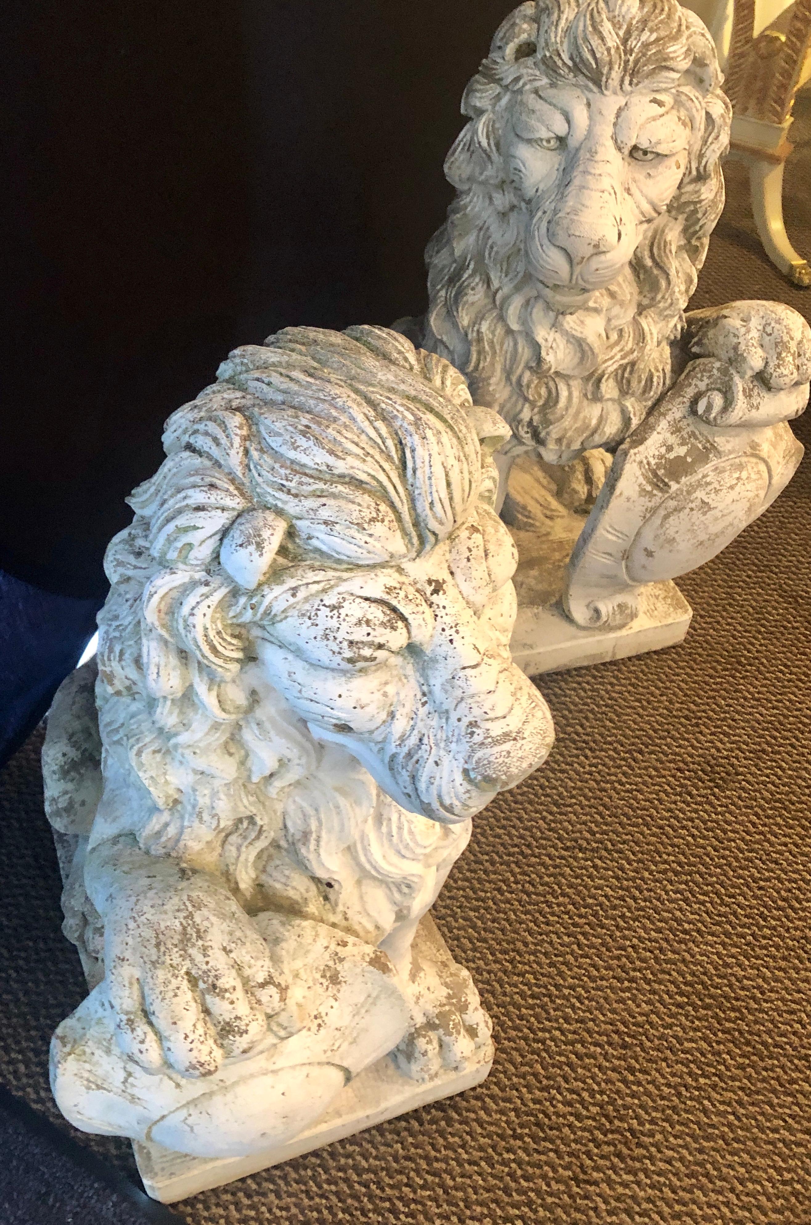 Large Cast Stone Shielded Entrance Lions Opposing Direction Signed, Pair 7
