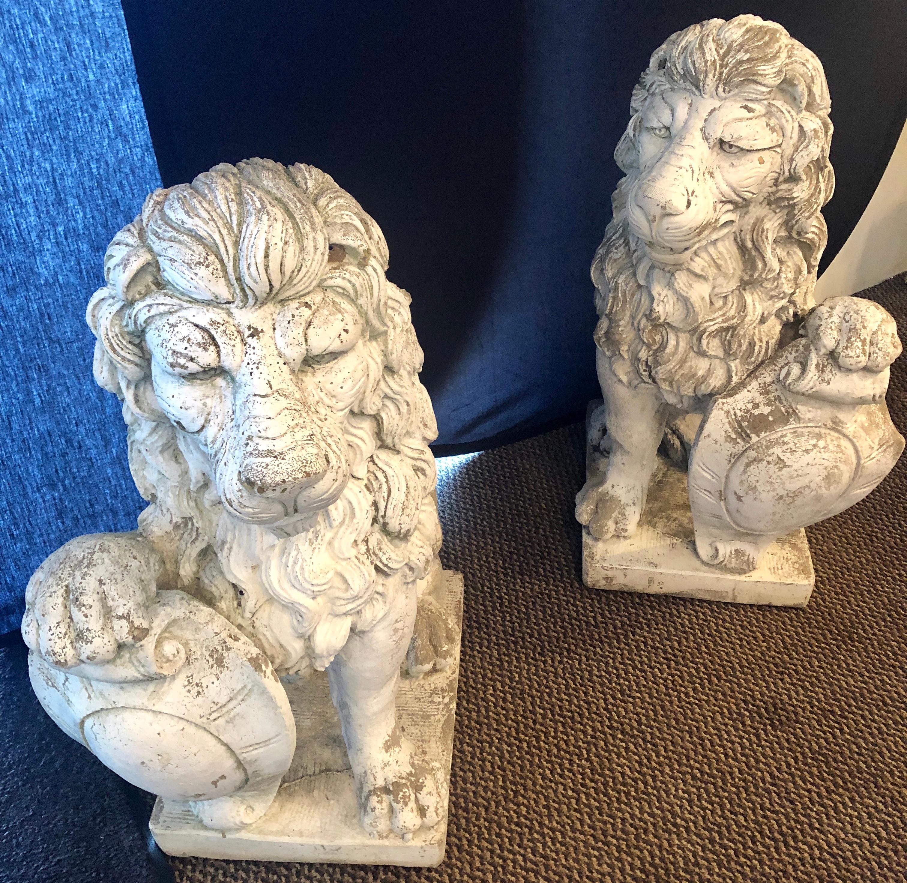 American Large Cast Stone Shielded Entrance Lions Opposing Direction Signed, Pair