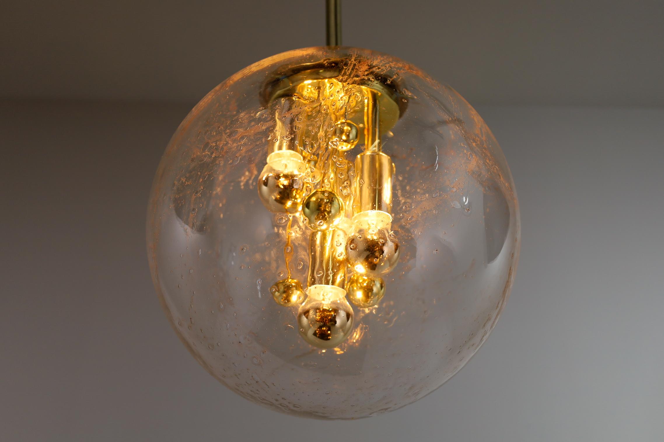 Pair of Large Doria Globe Pendant Lights, Glass and Brass, Germany, 1970s 5