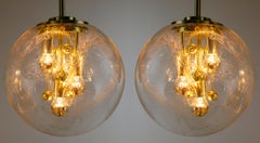 Pair of Large Doria Globe Pendant Lights, Glass and Brass, Germany, 1970s