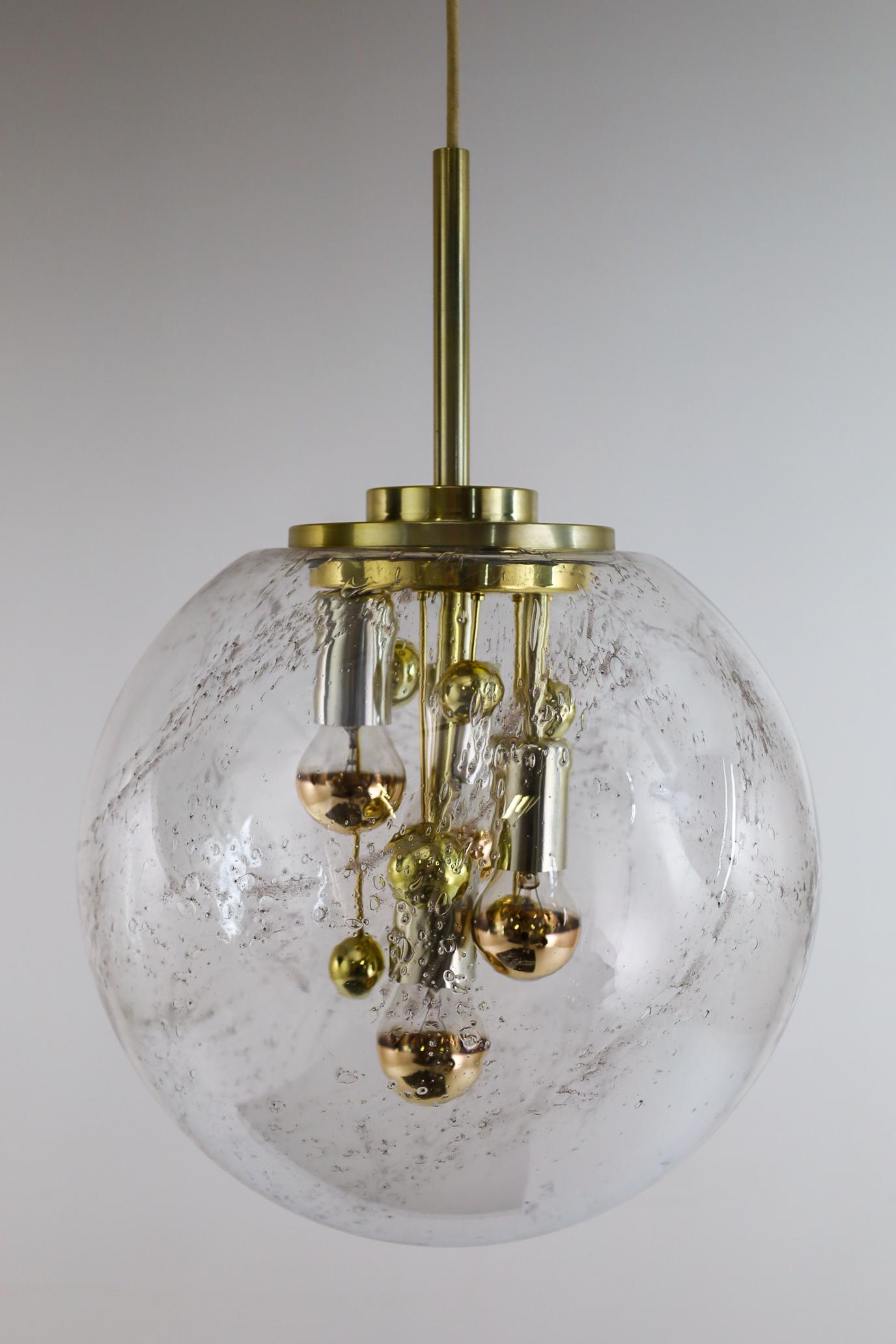 20th Century Pair of Large Doria Globe Pendant Lights, Glass and Brass, Germany, 1970s