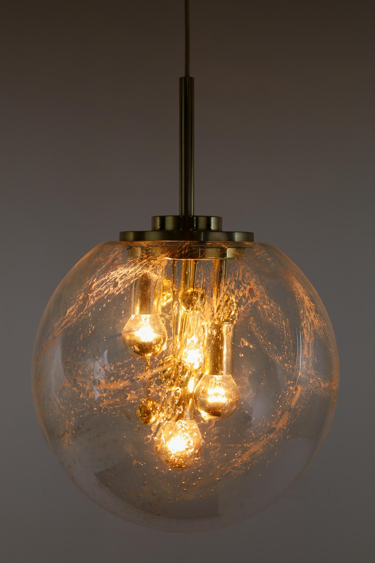 Pair of Large Doria Globe Pendant Lights, Glass and Brass, Germany, 1970s 4