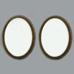 Pair Large Early 20th C French Bronze Oval Frame Bevel Edge Mirrors