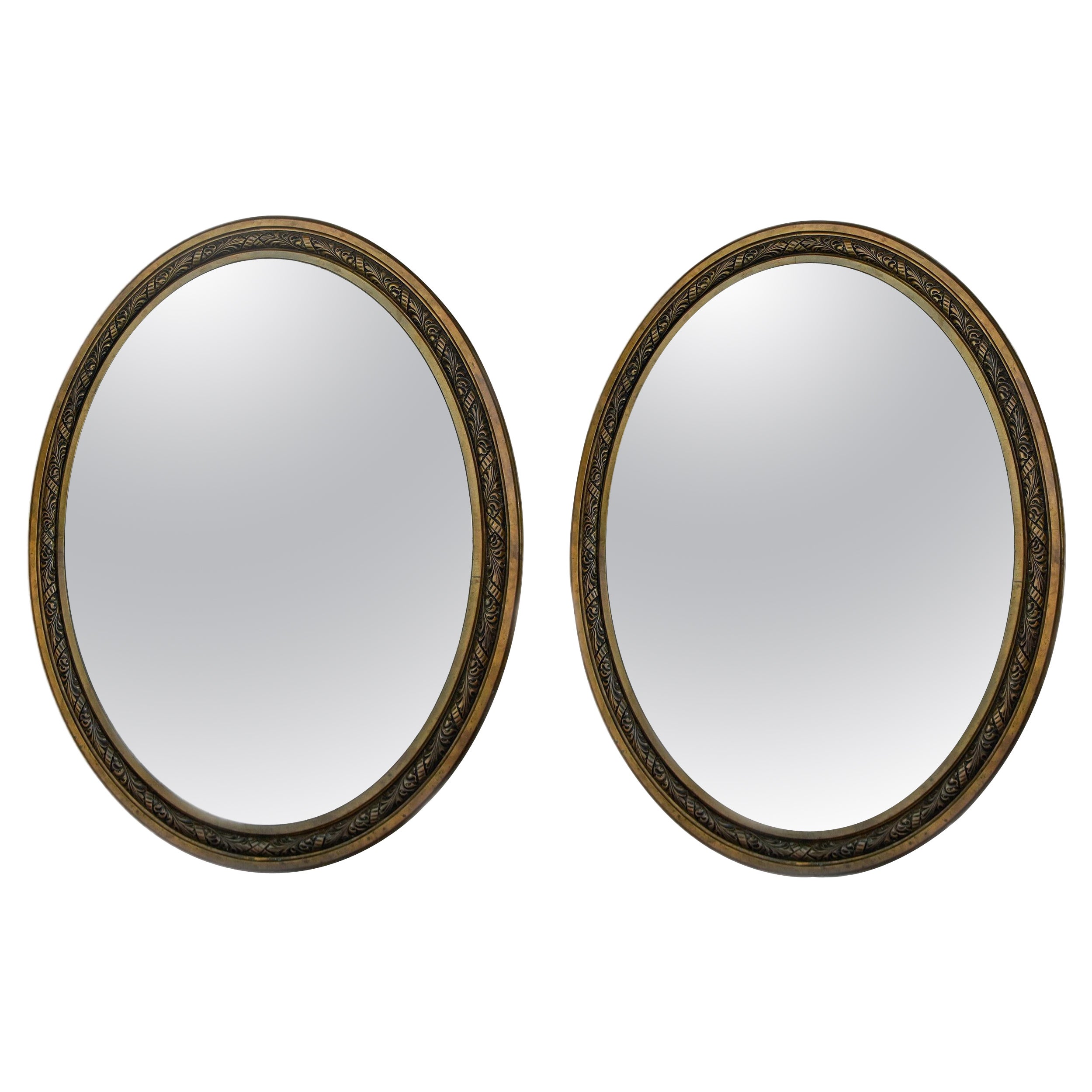 Pair Large Early 20th C French Bronze Oval Frame Bevel Edge Mirrors
