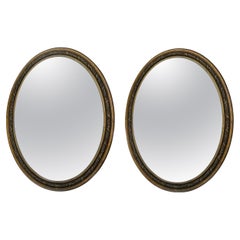Pair Large Early 20th C French Bronze Oval Frame Bevel Edge Mirrors