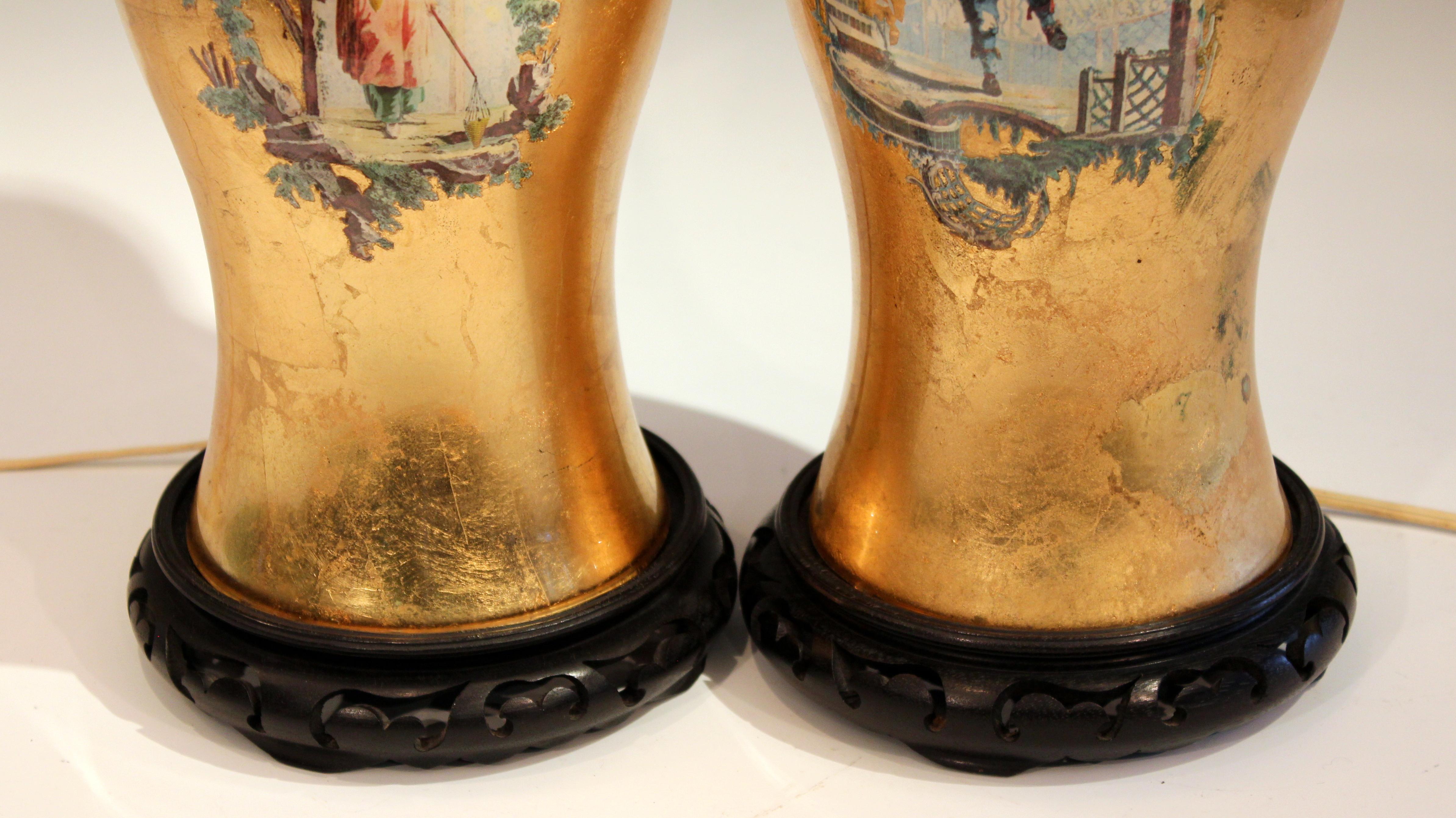 Pair of Large Eglomise Chinoiserie Gilt Decalcomania Vintage Vase Lamps im Angebot 1