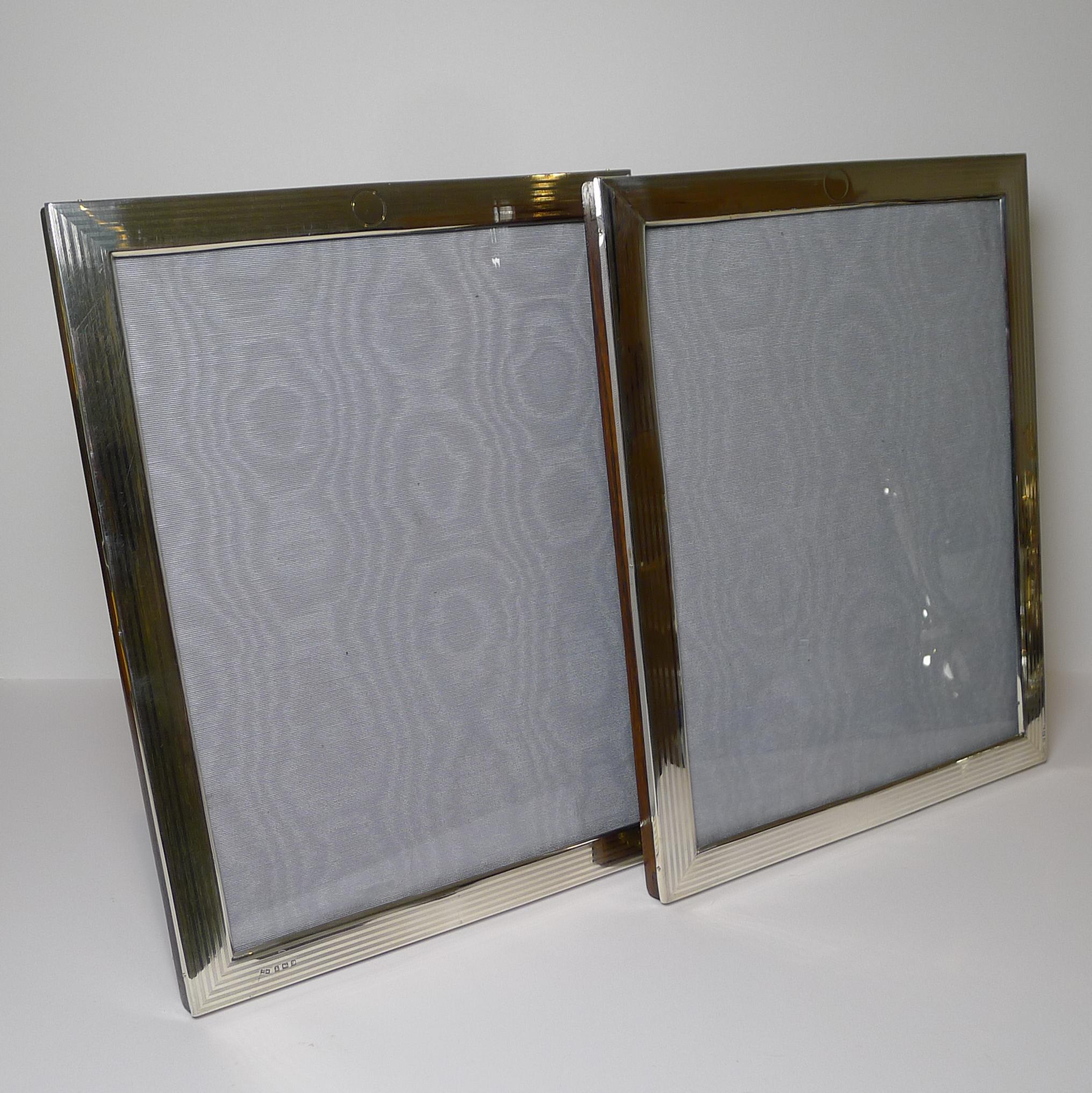 Sterling Silver Pair Large Engine Turned English Silver Photograph / Picture Frames, 1915 For Sale