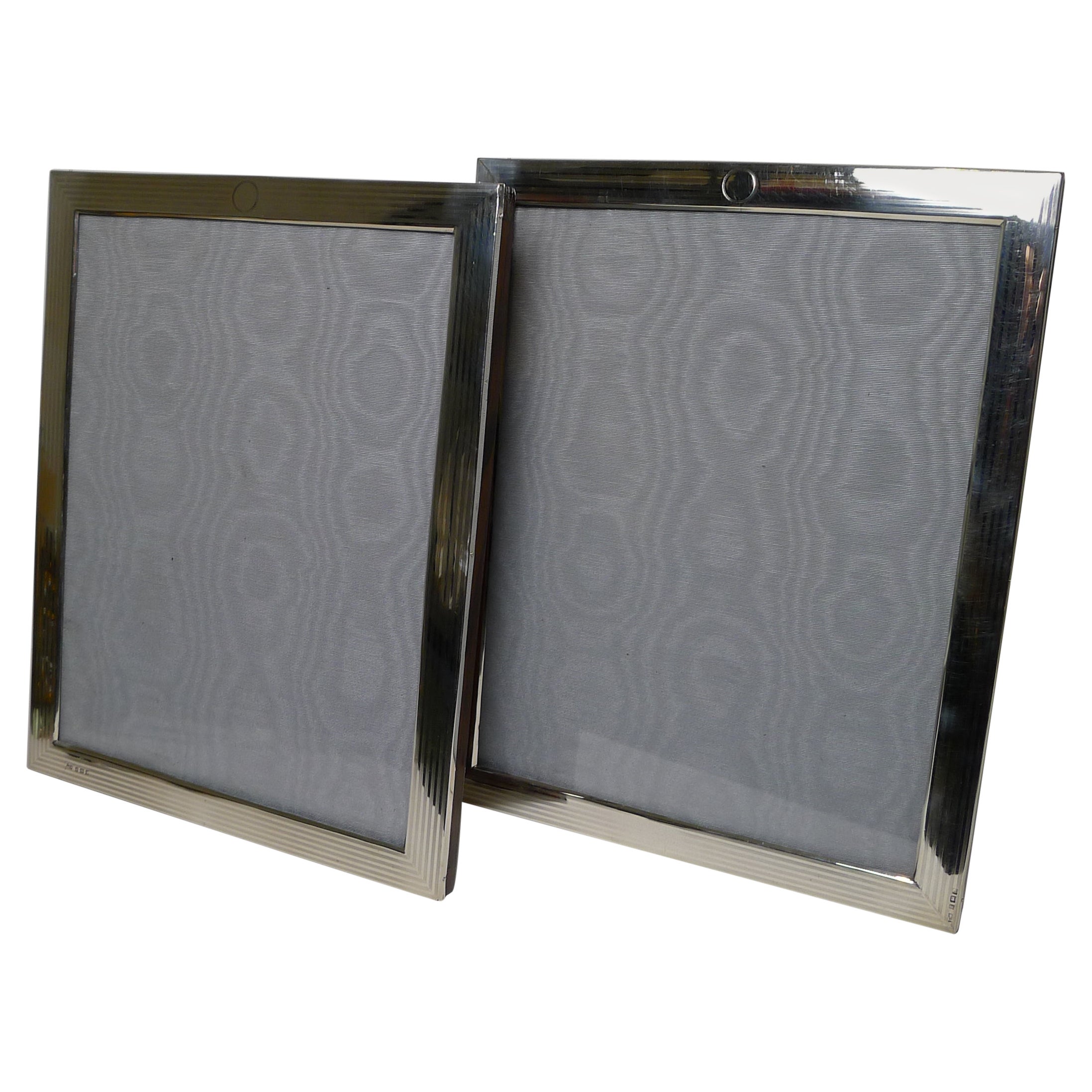 Pair Large Engine Turned English Silver Photograph / Picture Frames, 1915