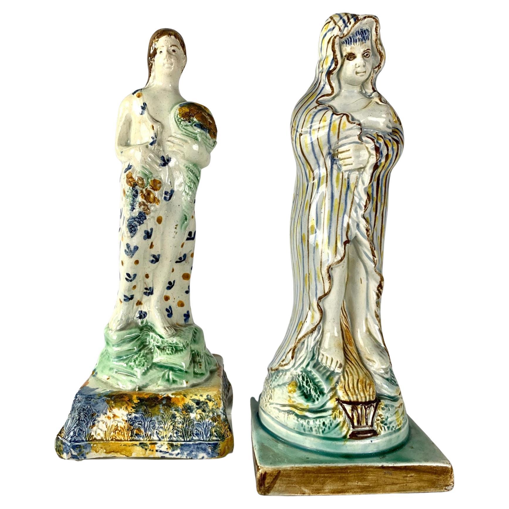 Pair Large English Prattware Figures of Autumn & Winter Hand Painted Circa 1790 For Sale