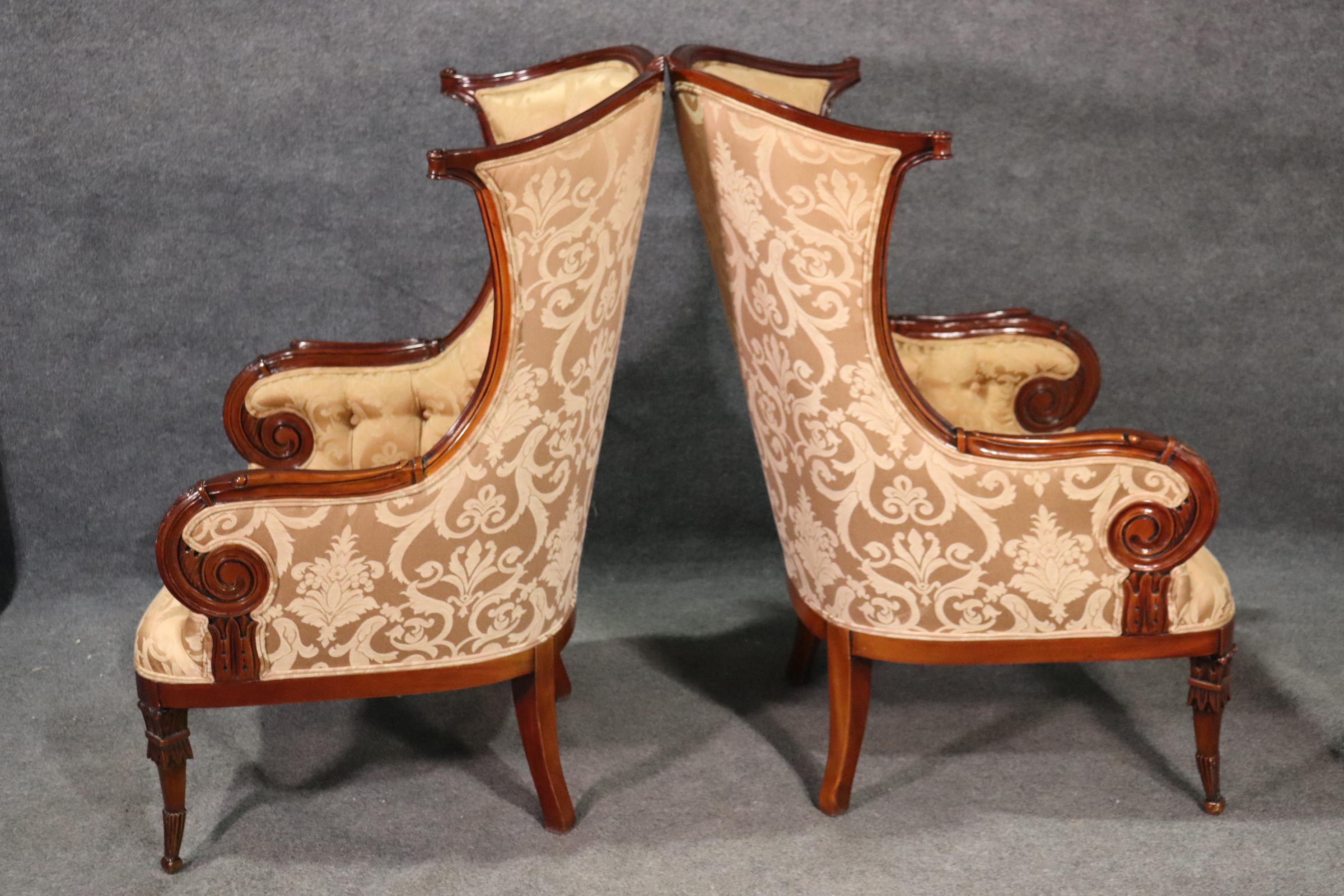 Pair of Large English Regency Style Carved Mahogany Fireside Wing Chairs In Good Condition In Swedesboro, NJ