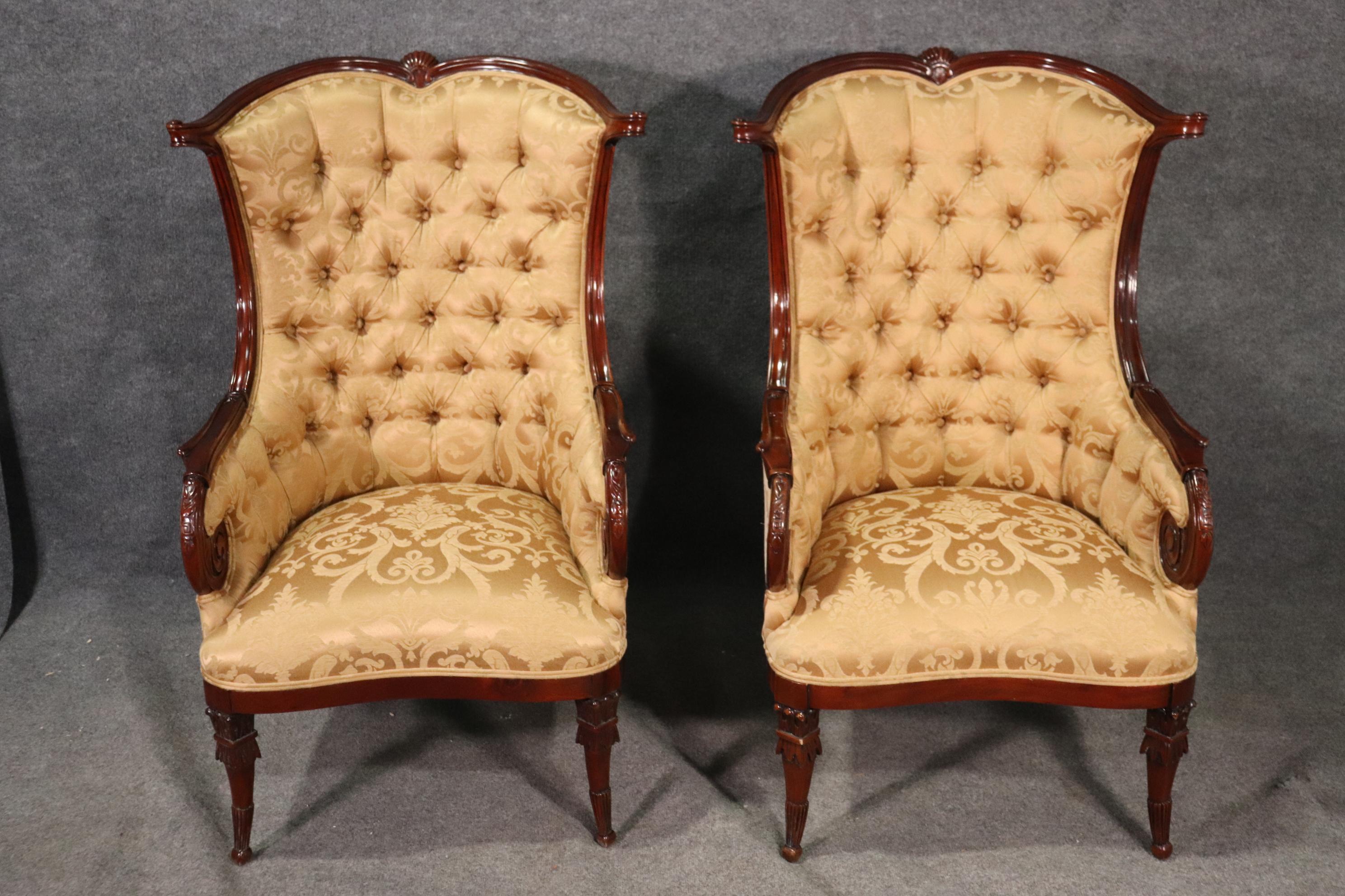 Late 20th Century Pair of Large English Regency Style Carved Mahogany Fireside Wing Chairs