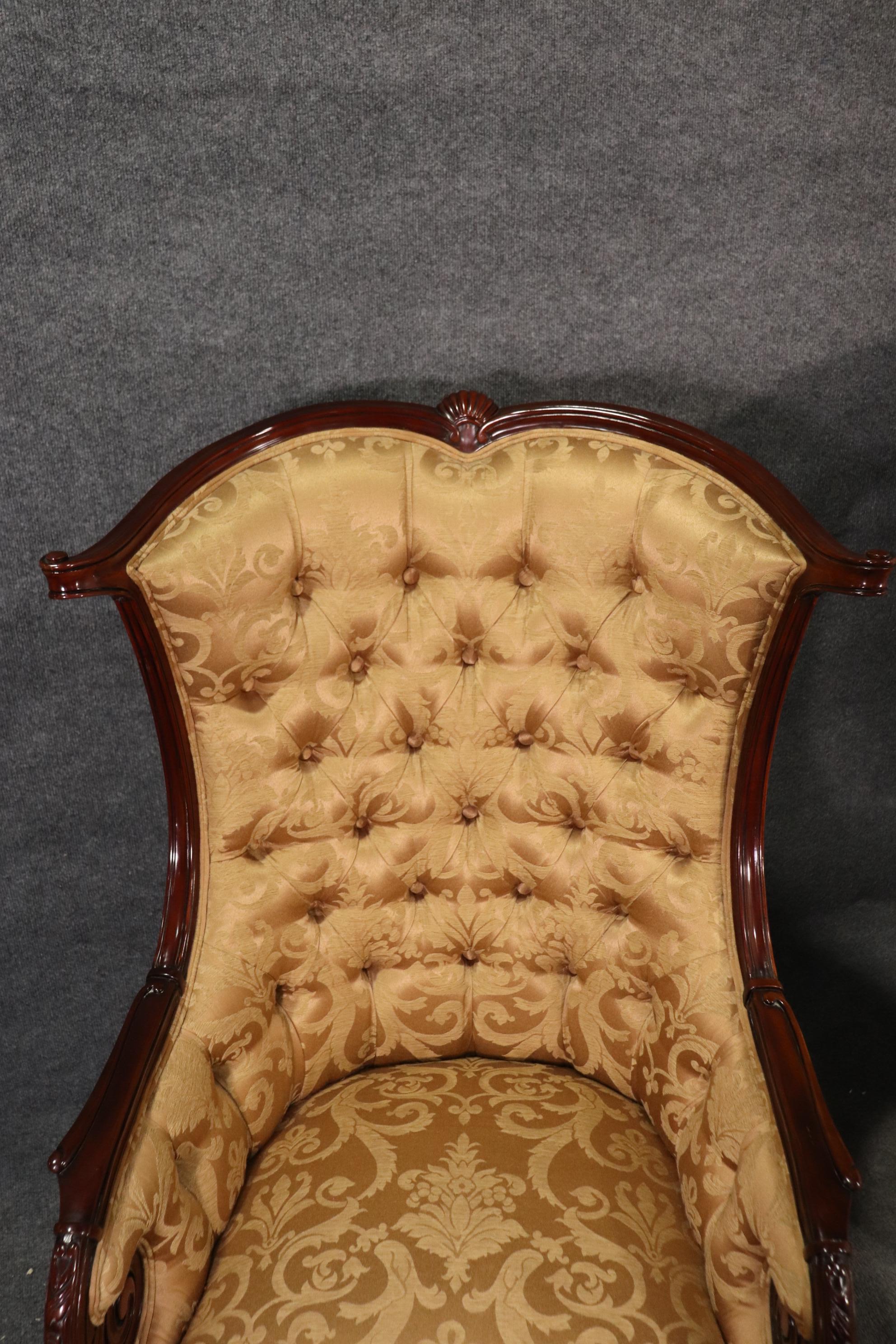 Pair of Large English Regency Style Carved Mahogany Fireside Wing Chairs 1
