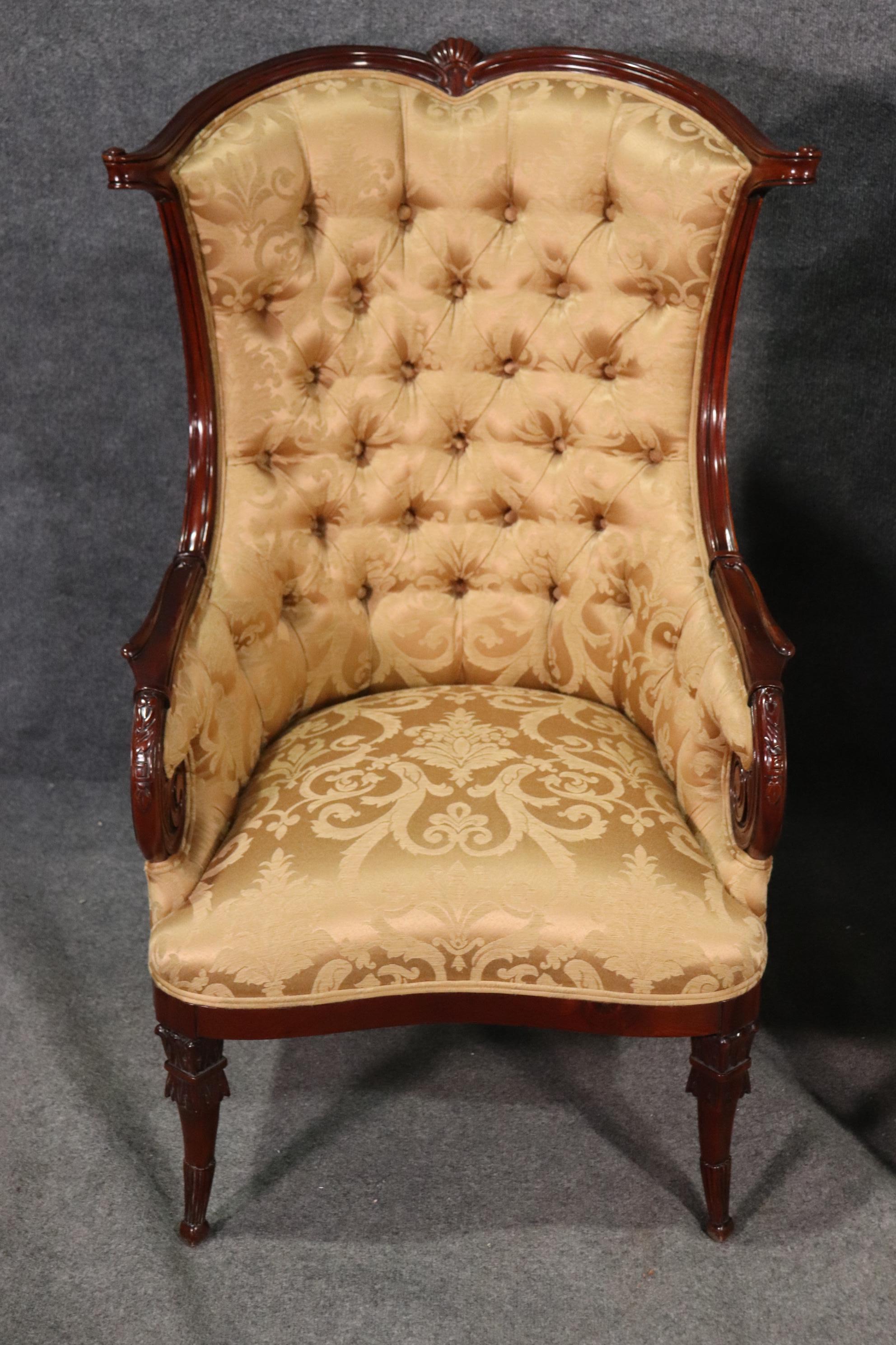 Pair of Large English Regency Style Carved Mahogany Fireside Wing Chairs 2