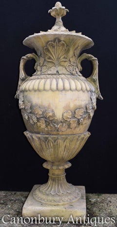 Pair Large English Stone Garden Urns Amphora Vase