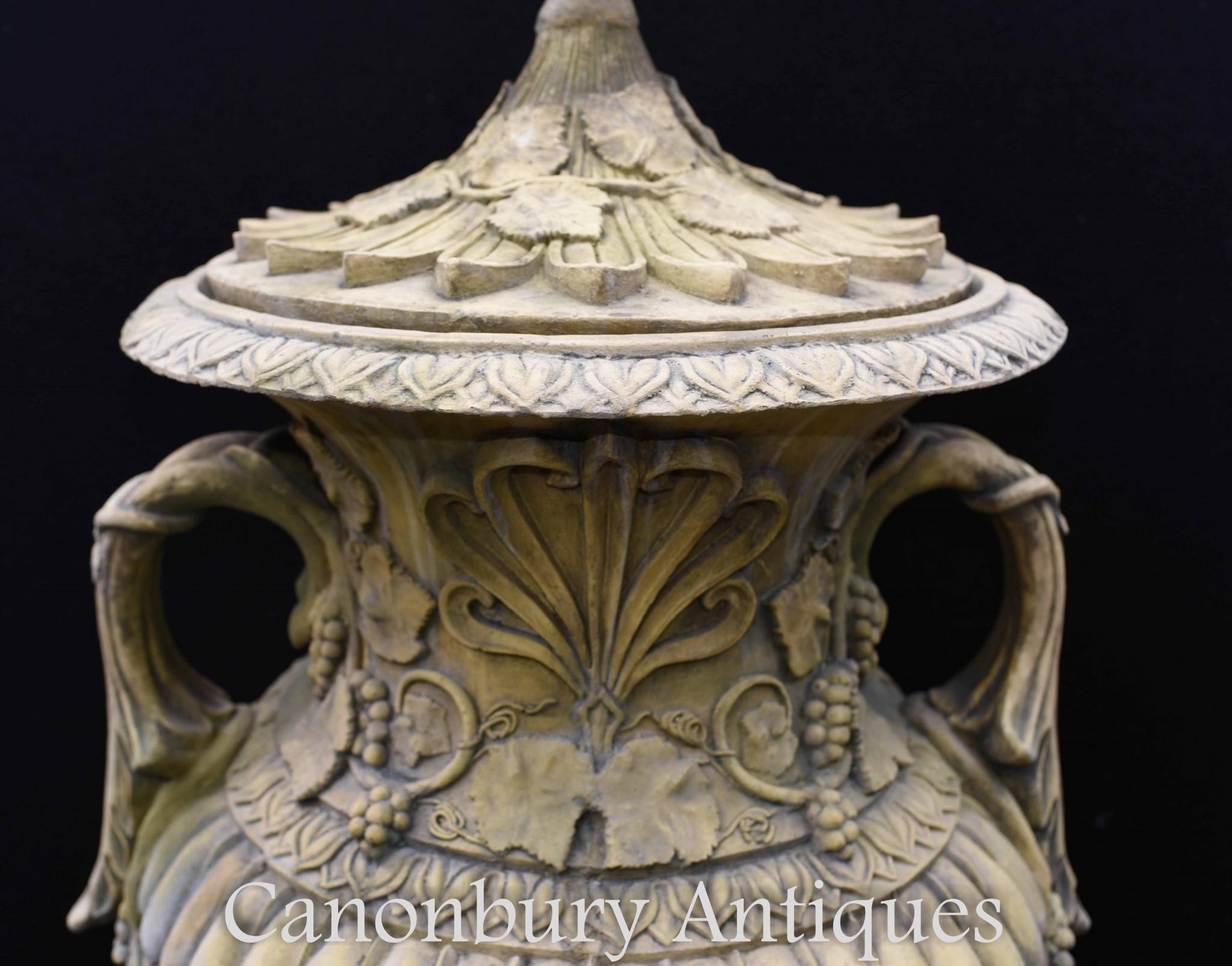 Pair Large English Stone Garden Urns Amphora Vase In Good Condition For Sale In Potters Bar, GB