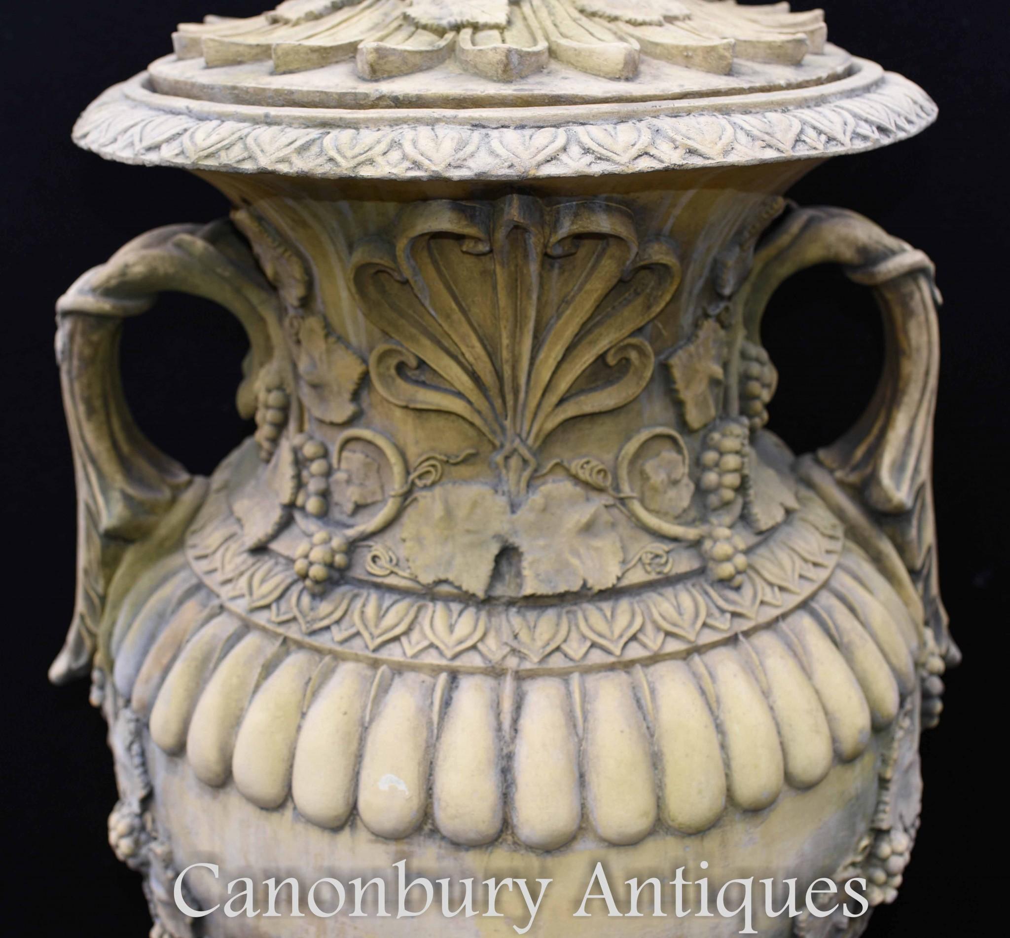 Cast Stone Pair Large English Stone Garden Urns Amphora Vase For Sale