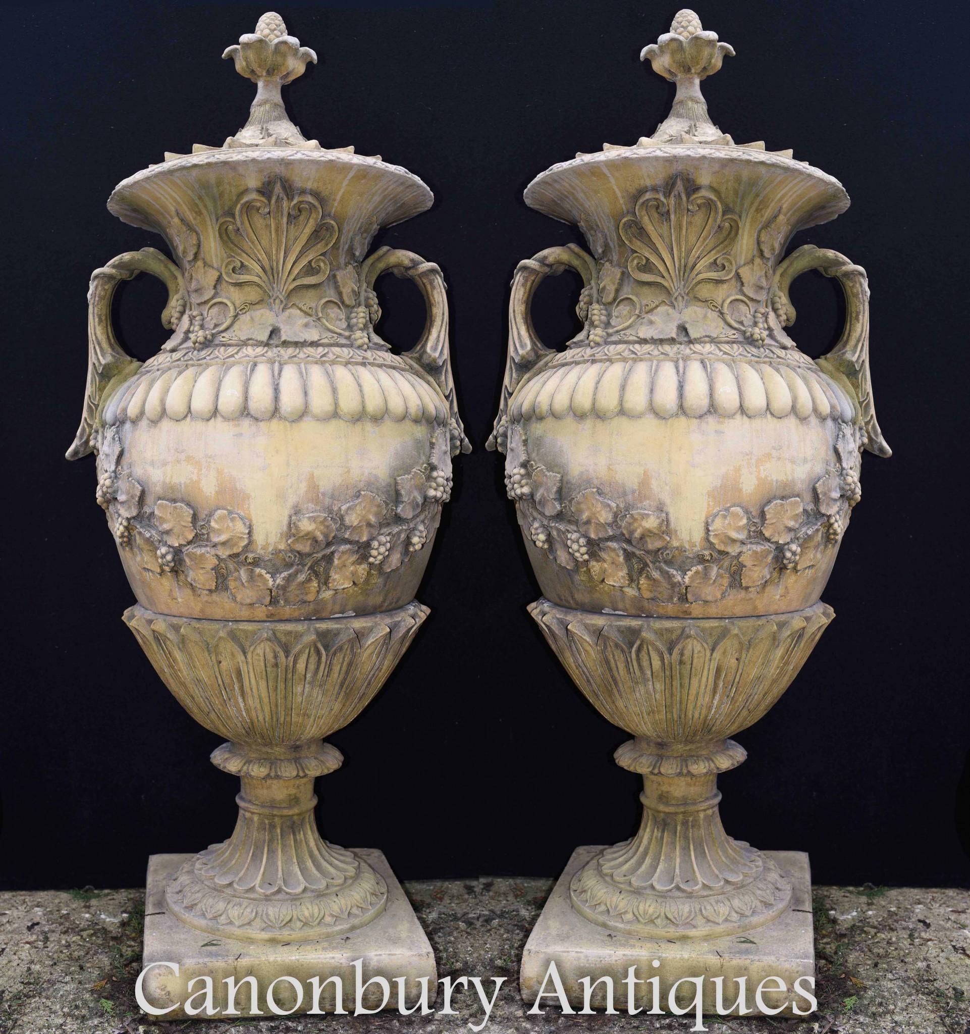 Pair Large English Stone Garden Urns Amphora Vase For Sale 1
