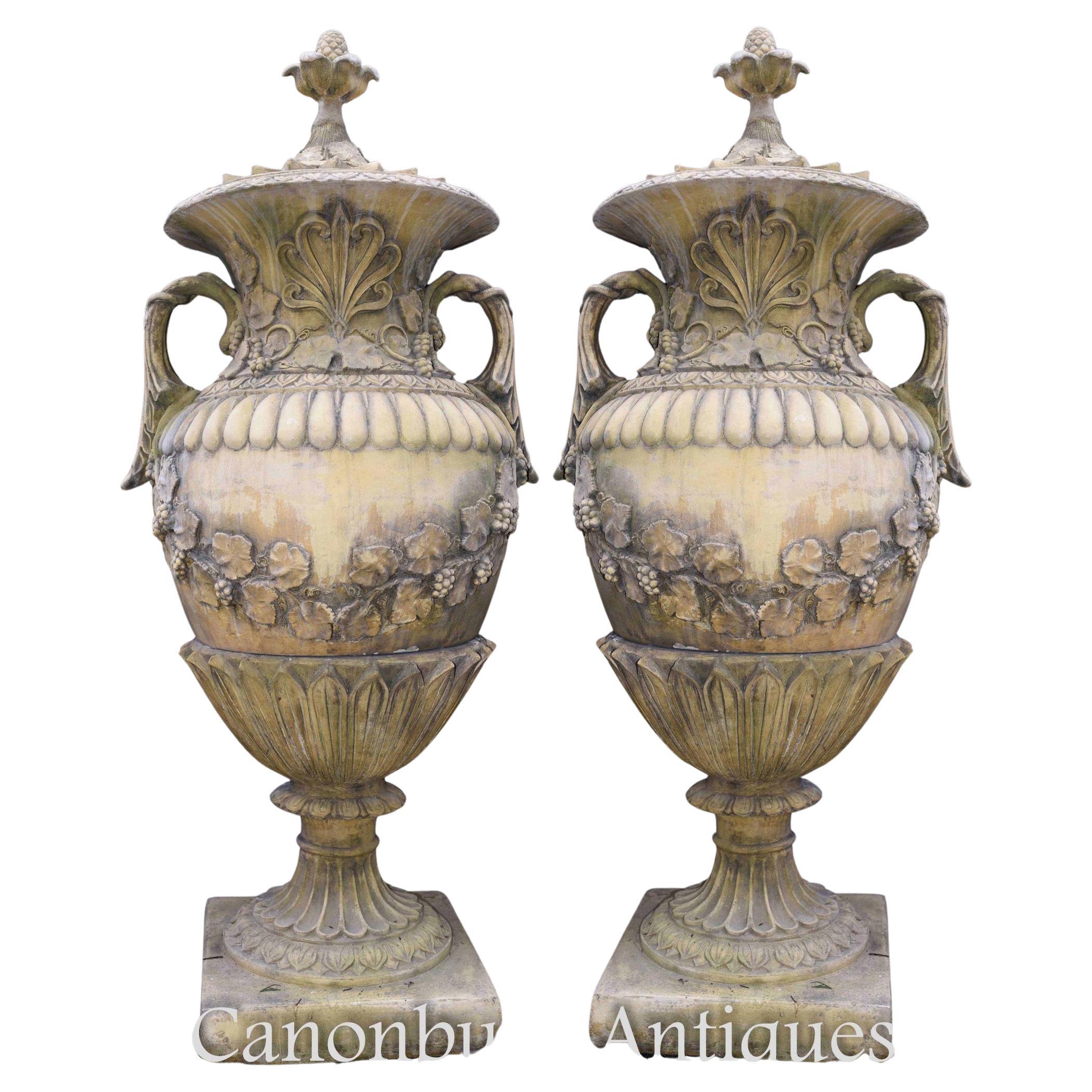 Pair Large English Stone Garden Urns Amphora Vase For Sale
