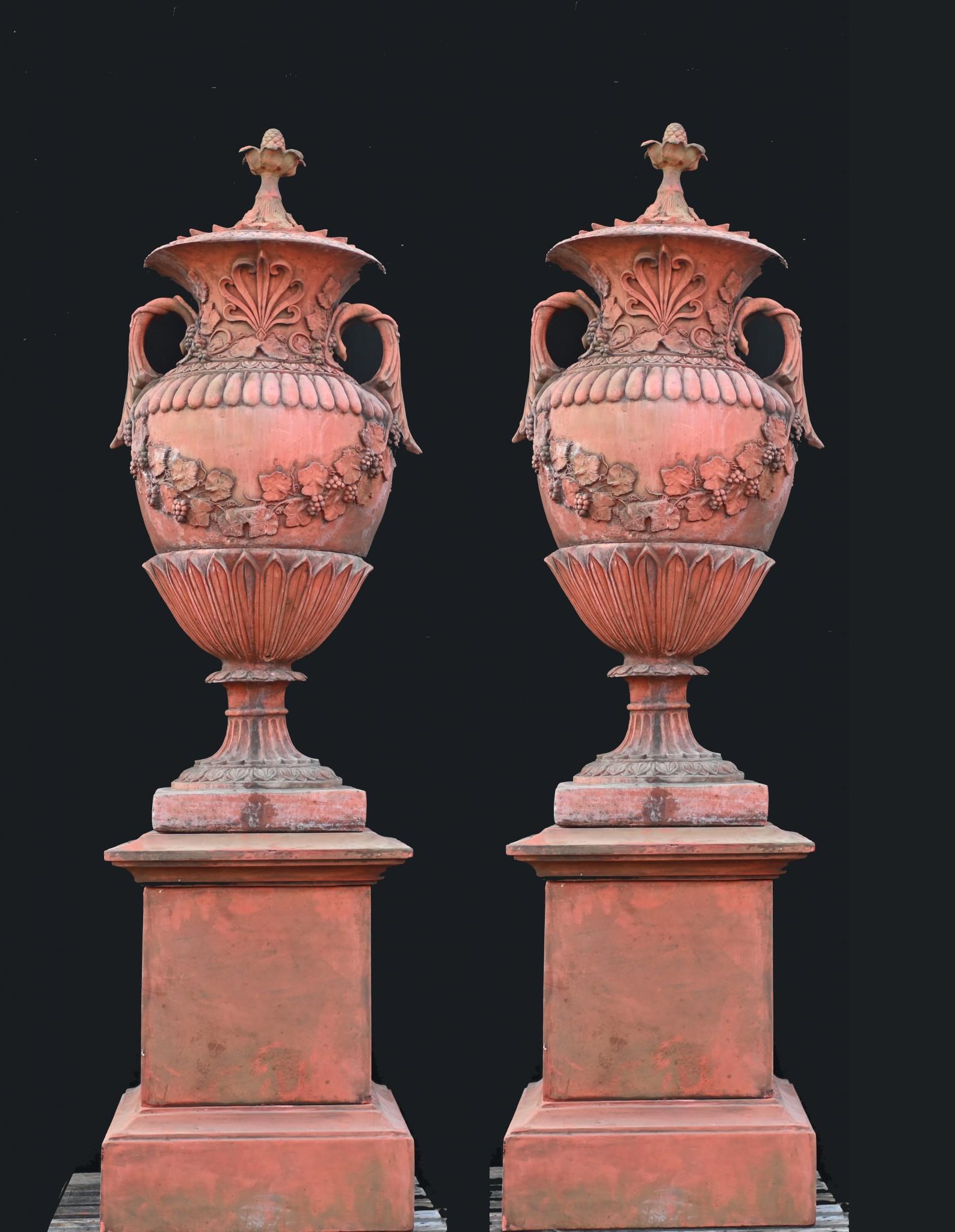 Stunning pair of massive English terracotta garden urns
If you are looking for that classic English garden look - then here it is
Impressive pair of an important architectural quality
Stand in at almost seven feet tall on the pedestal bases
Great