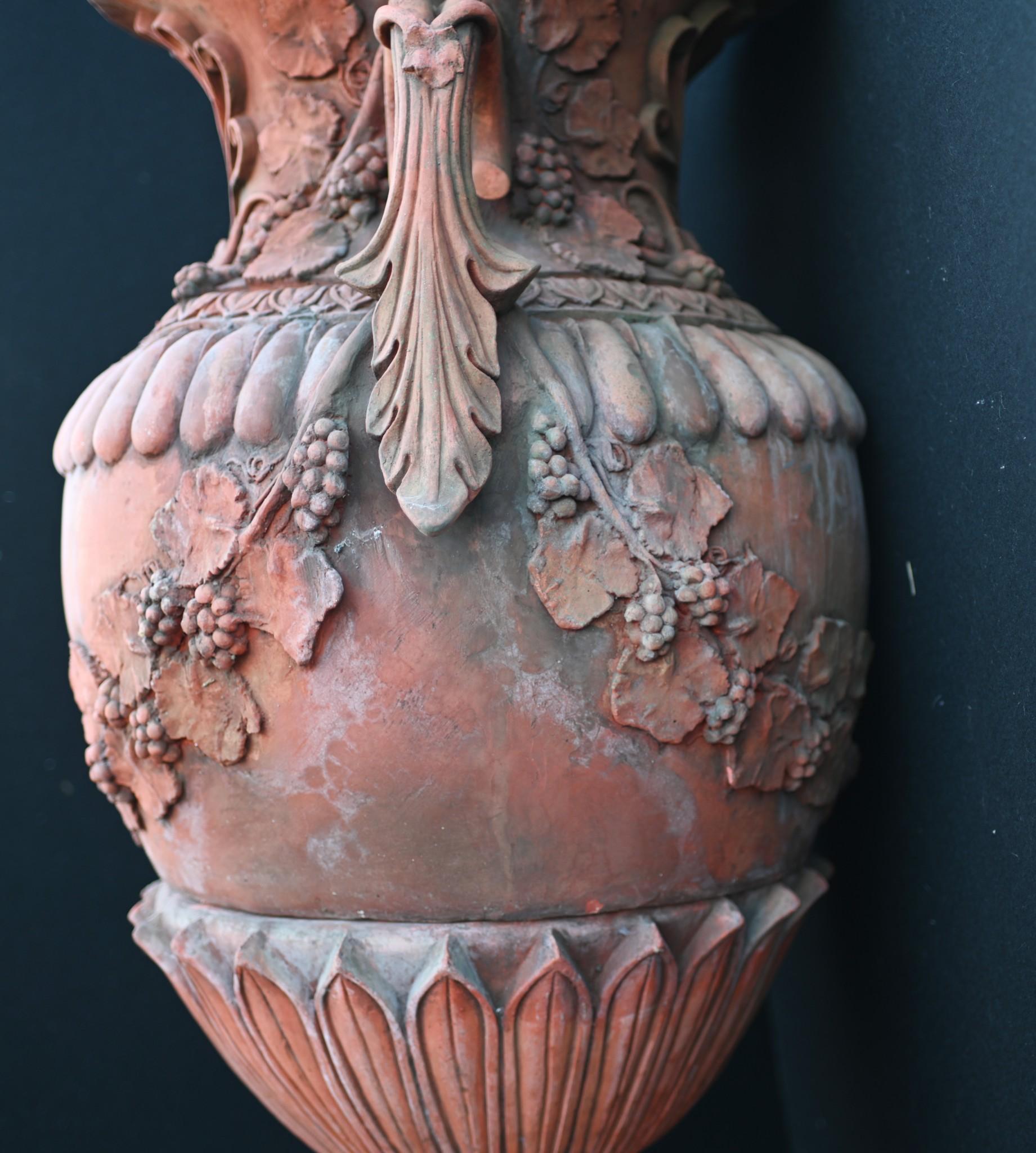 Late 20th Century Pair Large English Terracotta Garden Urns Architectural Antiques For Sale