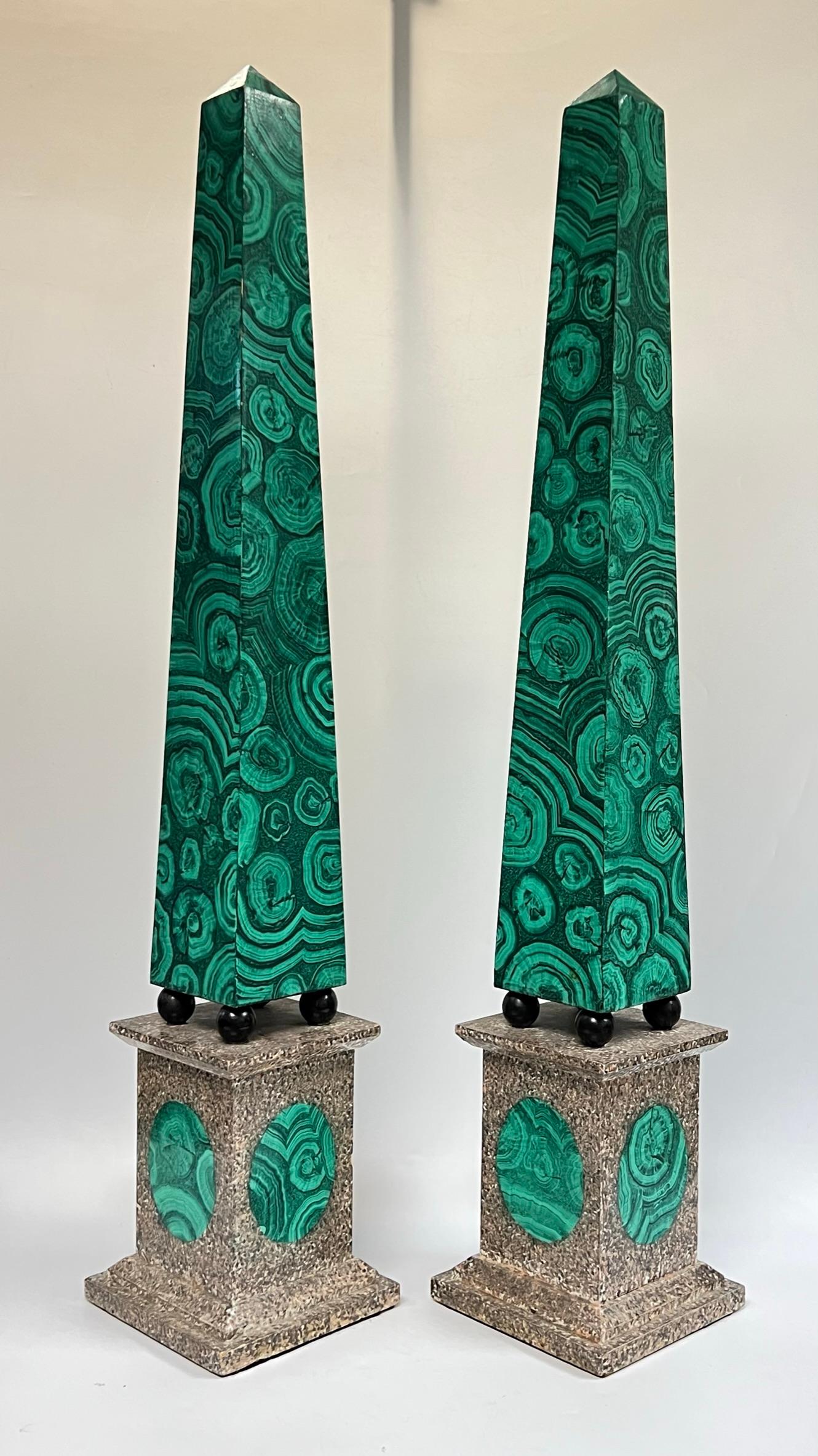 Mid-Century Modern Pair Large Faux Malachite Obelisks For Sale