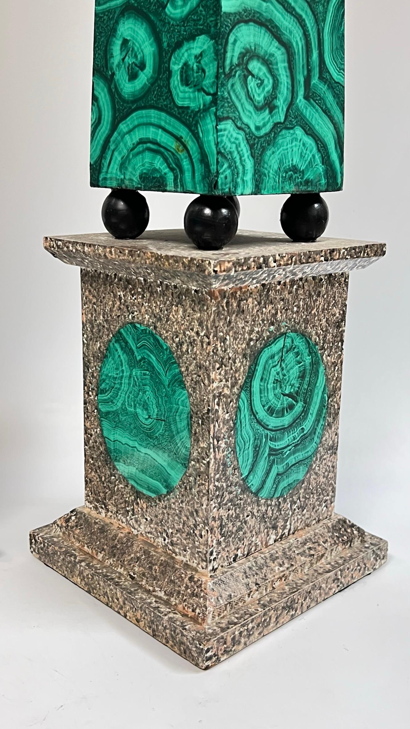 Pair Large Faux Malachite Obelisks In Good Condition For Sale In New York, NY