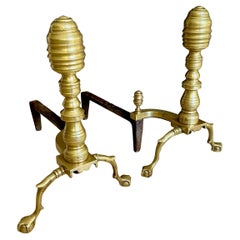 Pair Large Federal Beehive Ball Claw Brass Andirons