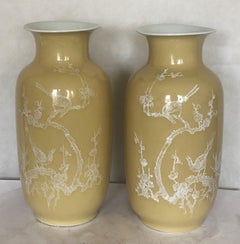 Pair Large Fine Chinese Yellow-Ground Decorated Vases Early 20th Century, Marked