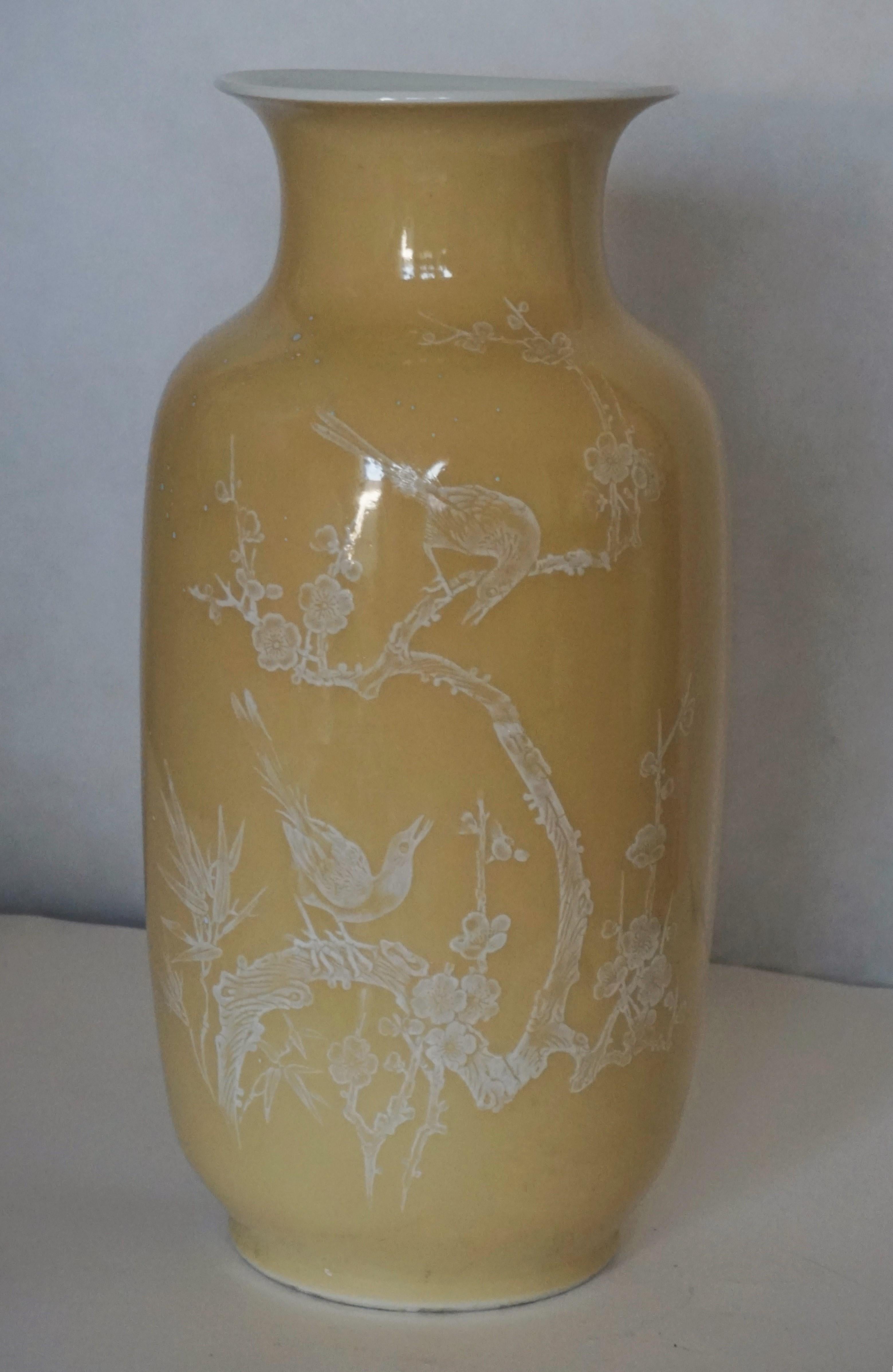 Pair Large Fine Chinese Yellow-Ground Decorated Vases Early 20th Century, Marked For Sale 1