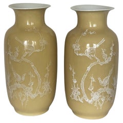 Pair Large Fine Chinese Yellow-Ground Decorated Vases Early 20th Century, Marked