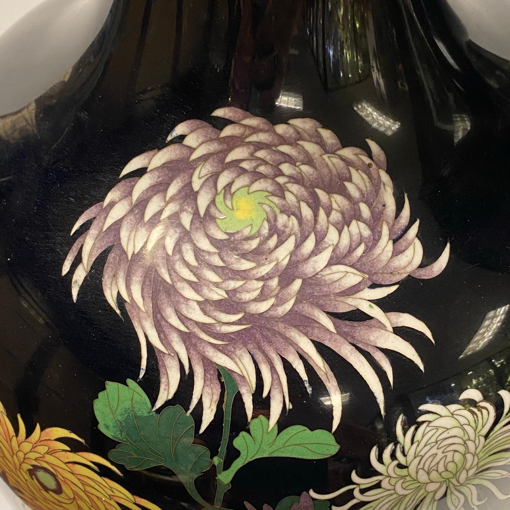 Pair Large Floral Decorated Japanese Cloisonné Vases 1