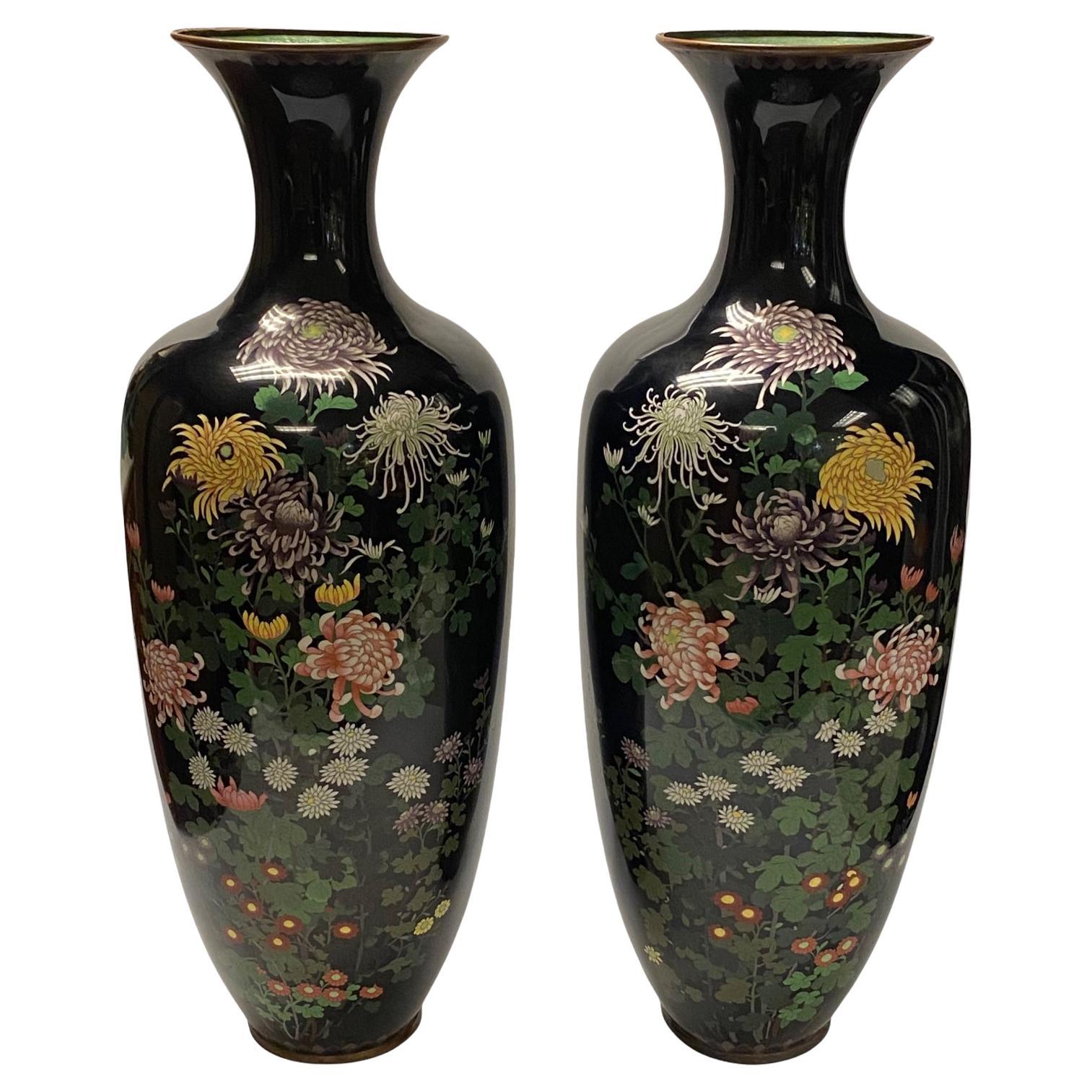 Pair Large Floral Decorated Japanese Cloisonné Vases