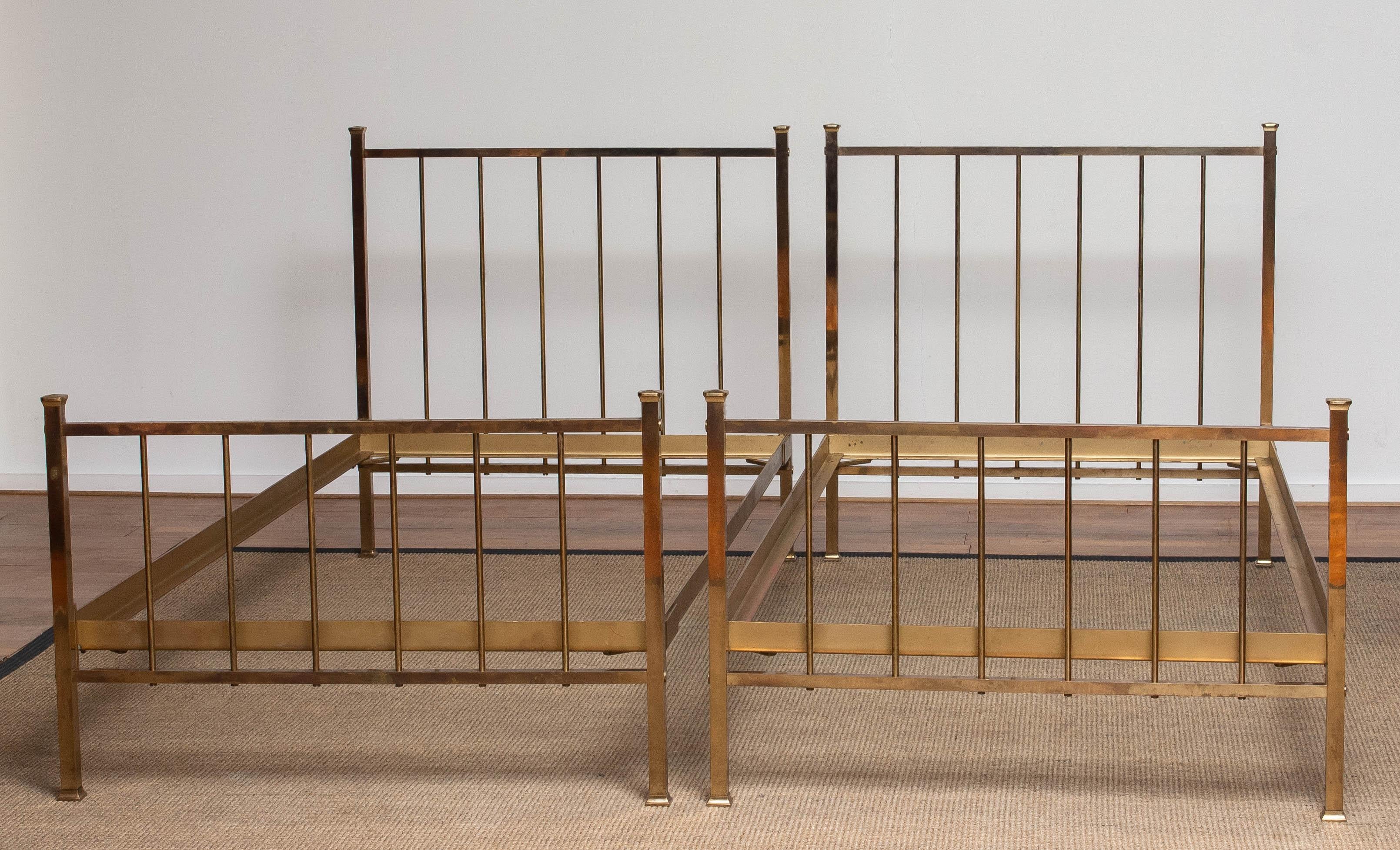Hollywood Regency Pair Large French Brass Single Bed Frames with Foundation Support 41 x 83 Inches For Sale