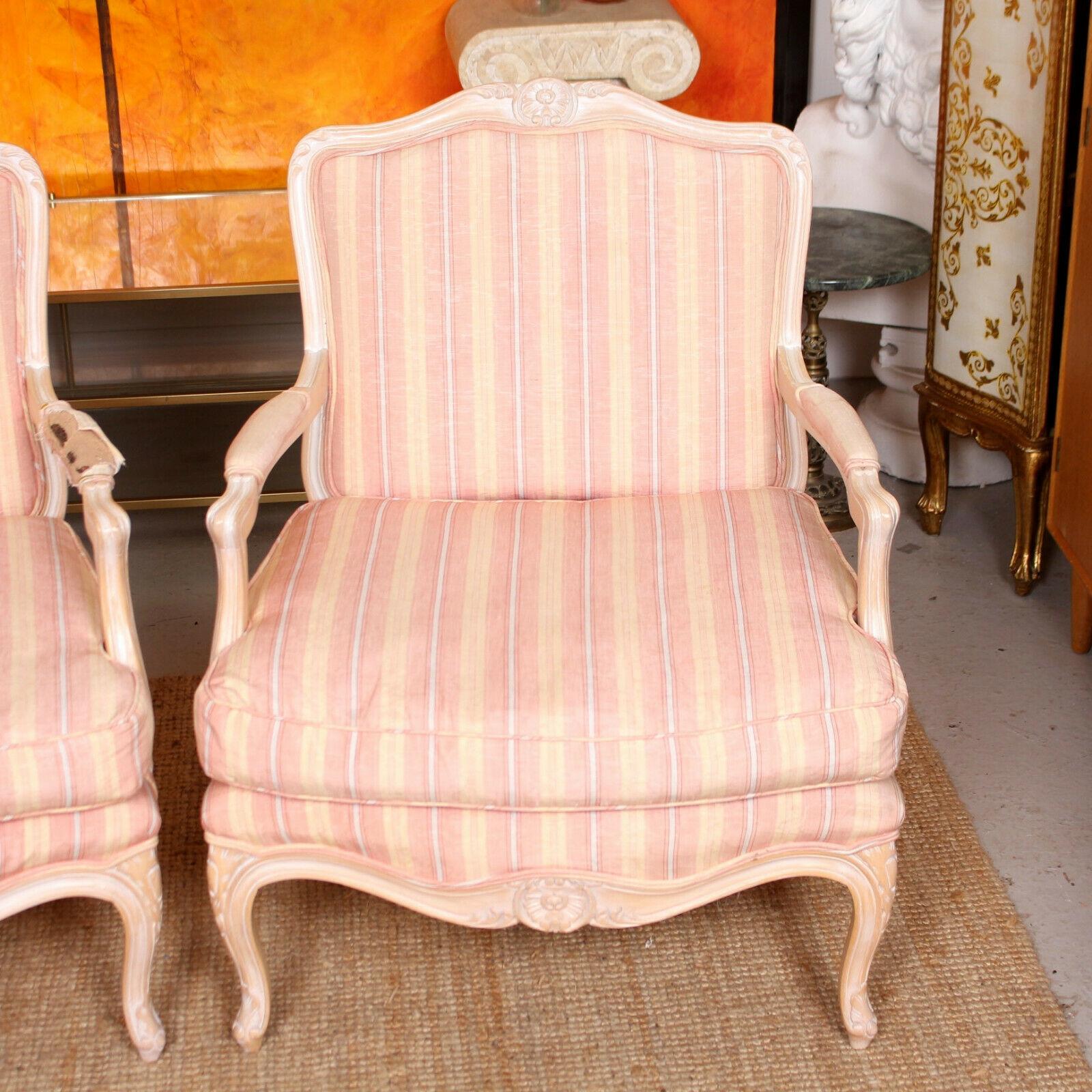 Pair of Large French Carved Limed Armchairs Tub Chairs Louis XV Style For Sale 5