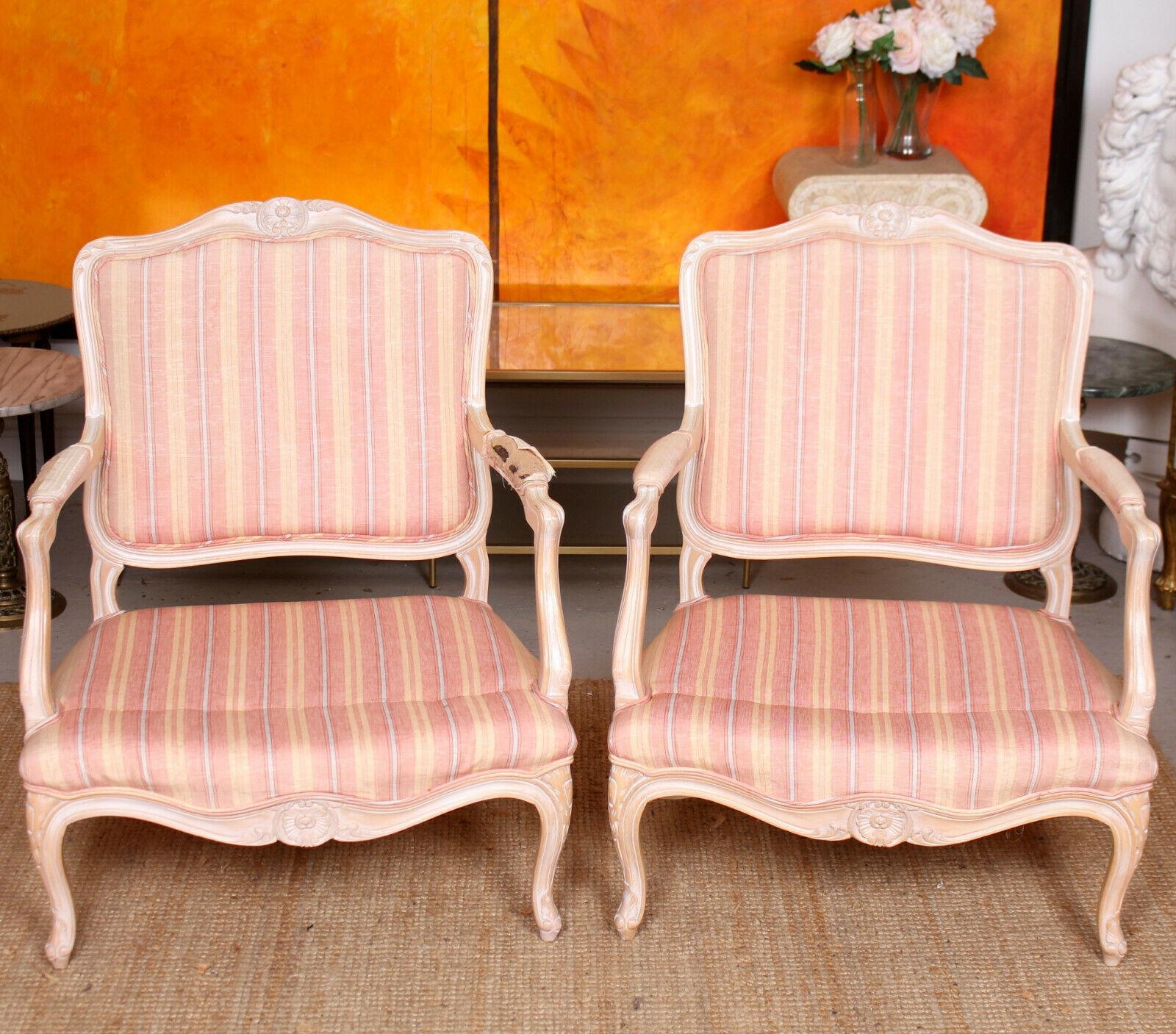 Pair of Large French Carved Limed Armchairs Tub Chairs Louis XV Style For Sale 6