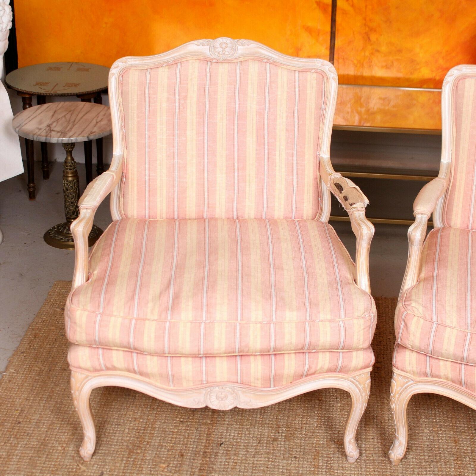 Pair of Large French Carved Limed Armchairs Tub Chairs Louis XV Style For Sale 4