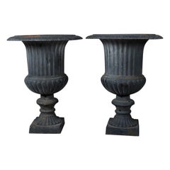 Pair of Large French Classical Black Painted Cast Iron Garden Urns, 20th Century