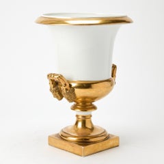 Pair Large French Empire 19th c. Paris Porcelain Urns or Vases in White & Gold