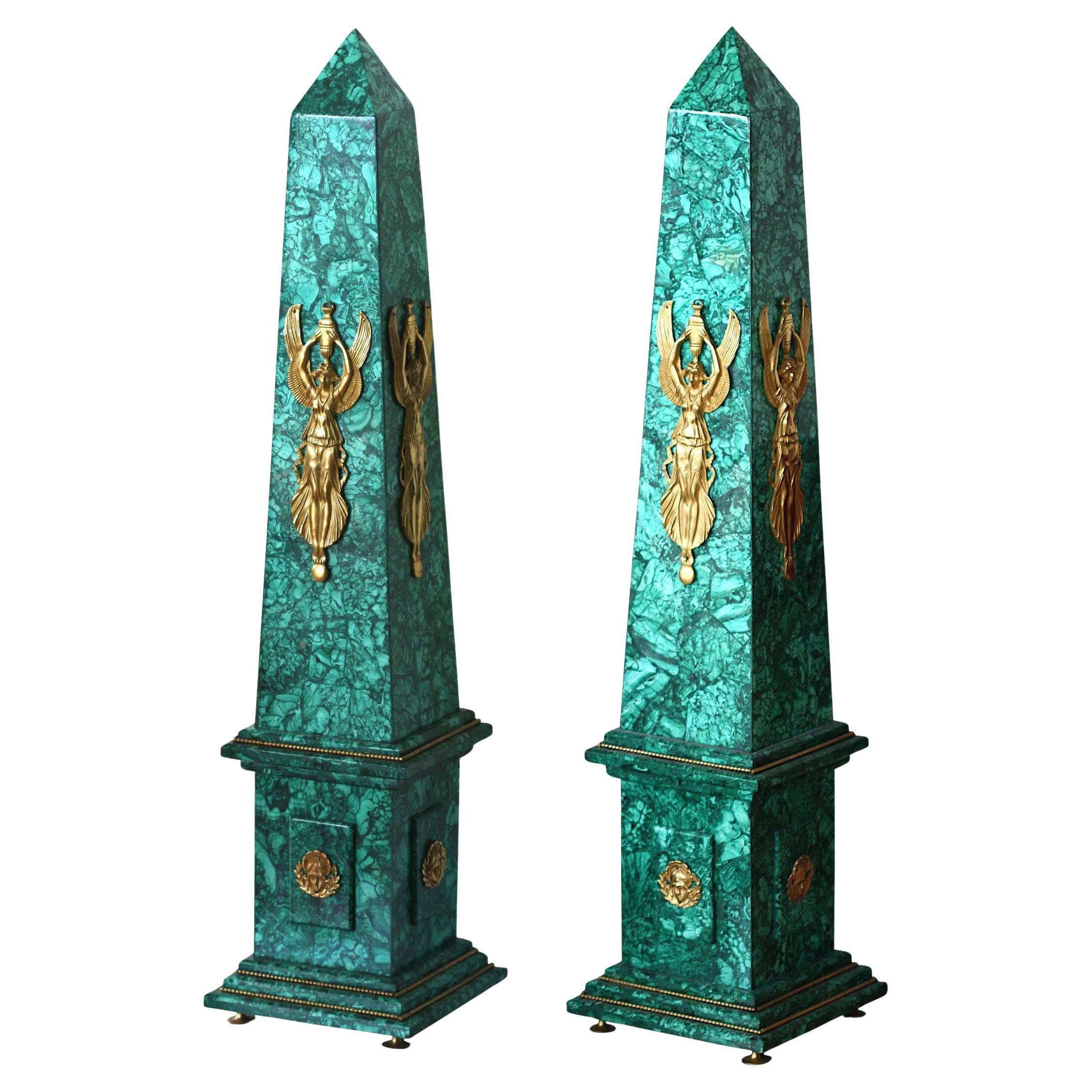 Pair Large French Empire Style Gilt Bronze Mounted Malachite Obelisks