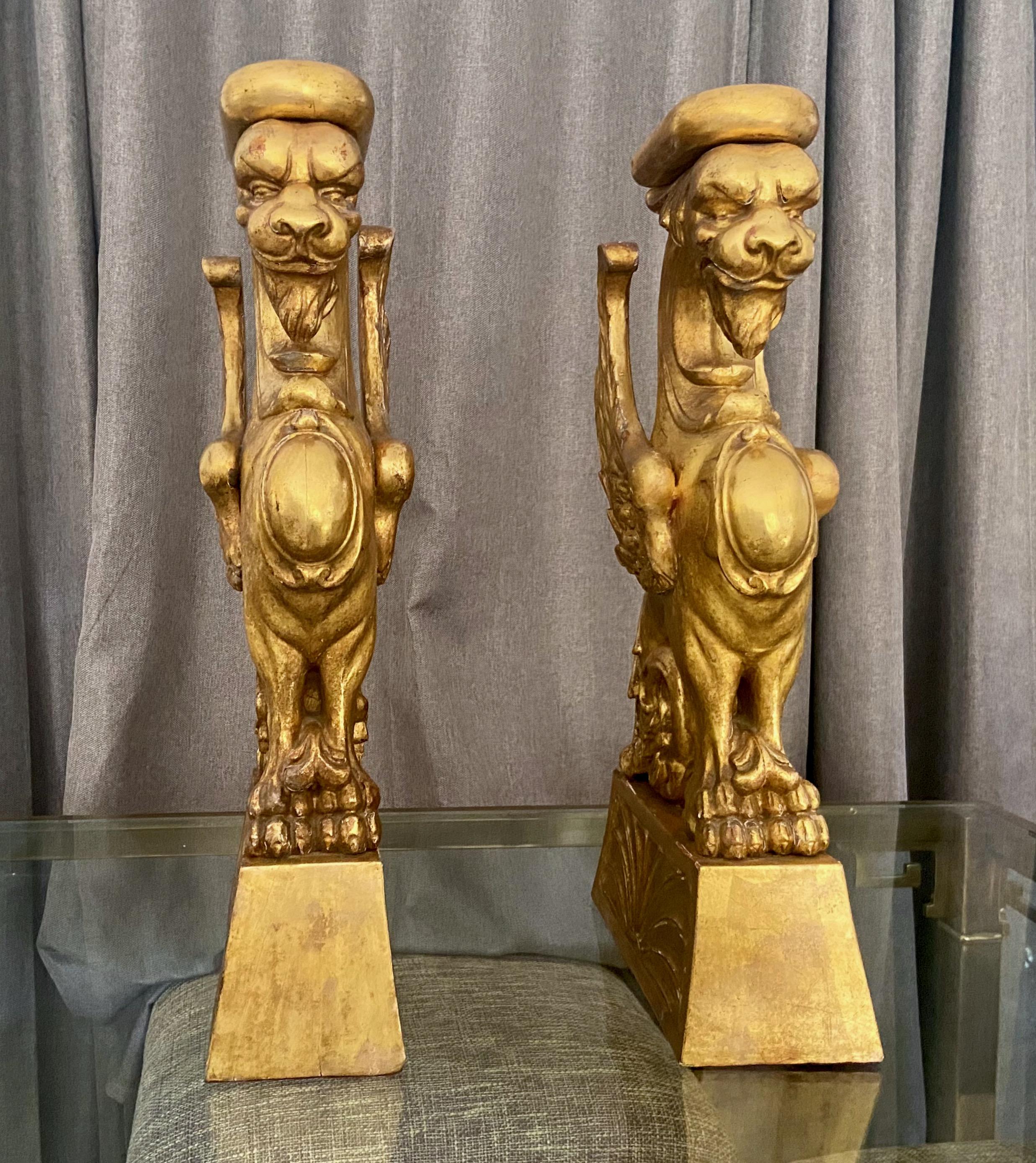 Hand-Carved Pair Large French Griffin Architectural Giltwood Statues For Sale